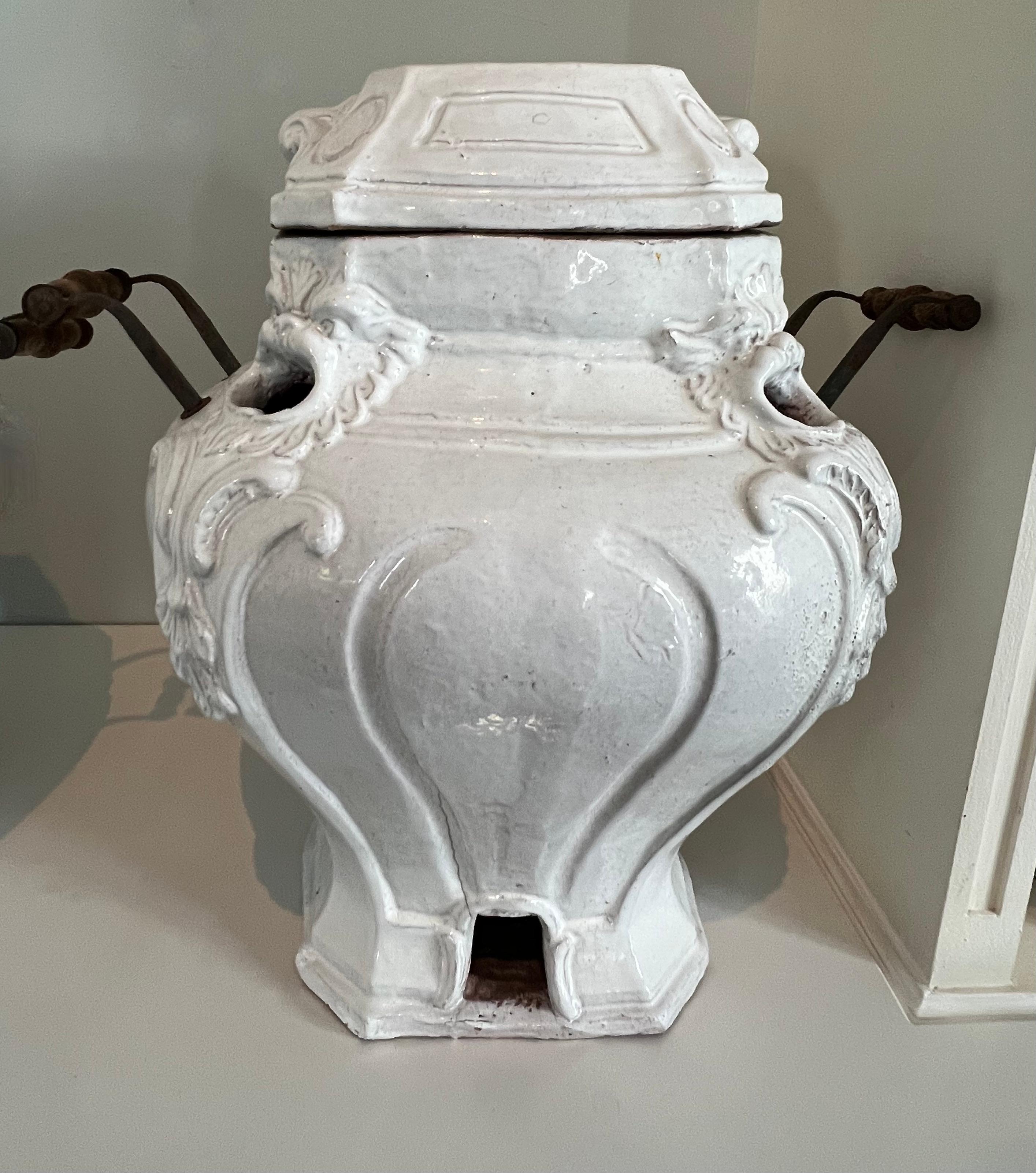 Pair of Glazed Terracotta Garden Urns or Jardinieres with Metal and Wood Handles For Sale 5