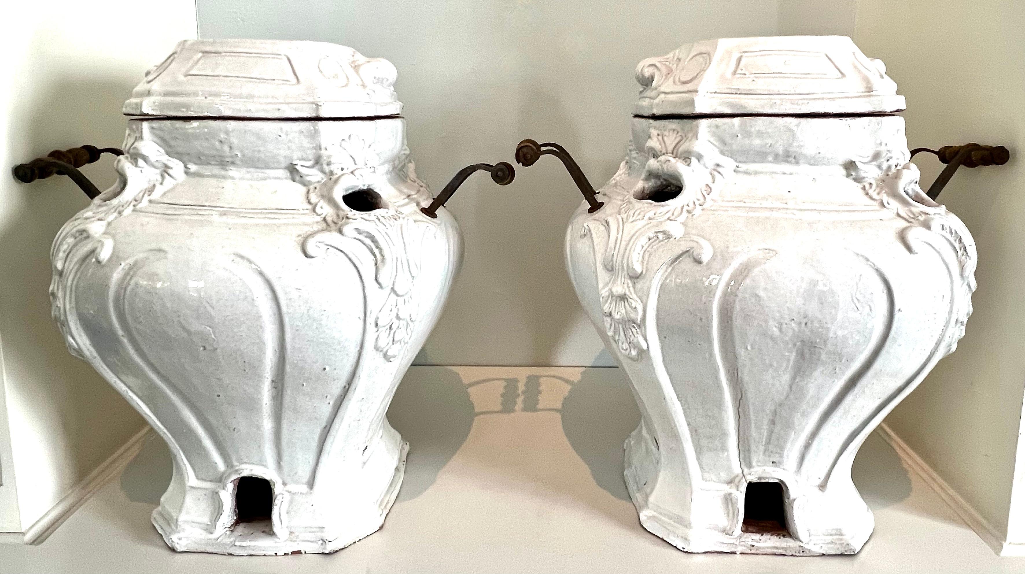 Pair of Glazed Terracotta Garden Urns or Jardinieres with Metal and Wood Handles For Sale 7