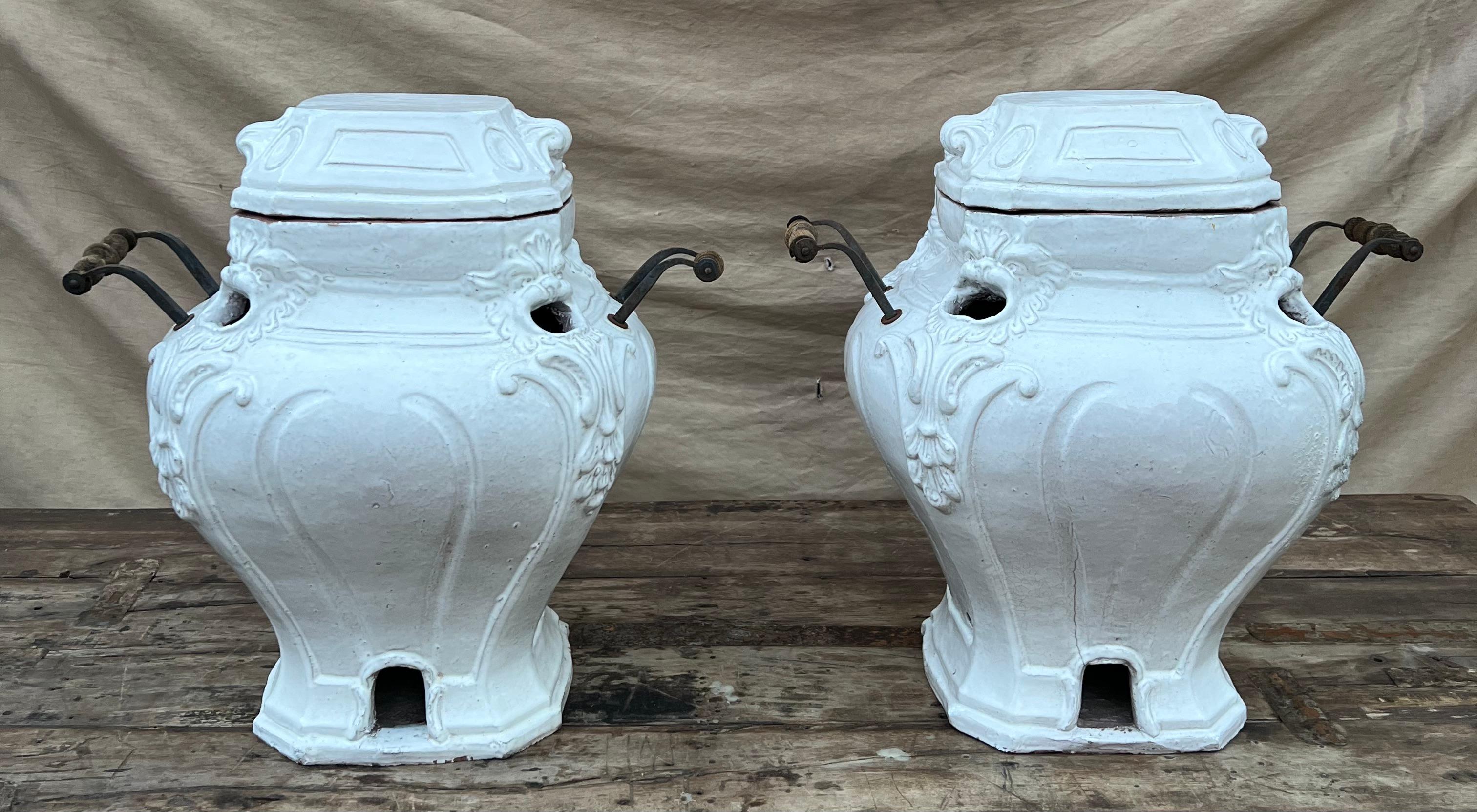 Pair of Glazed Terracotta Garden Urns or Jardinieres with Metal and Wood Handles For Sale 8