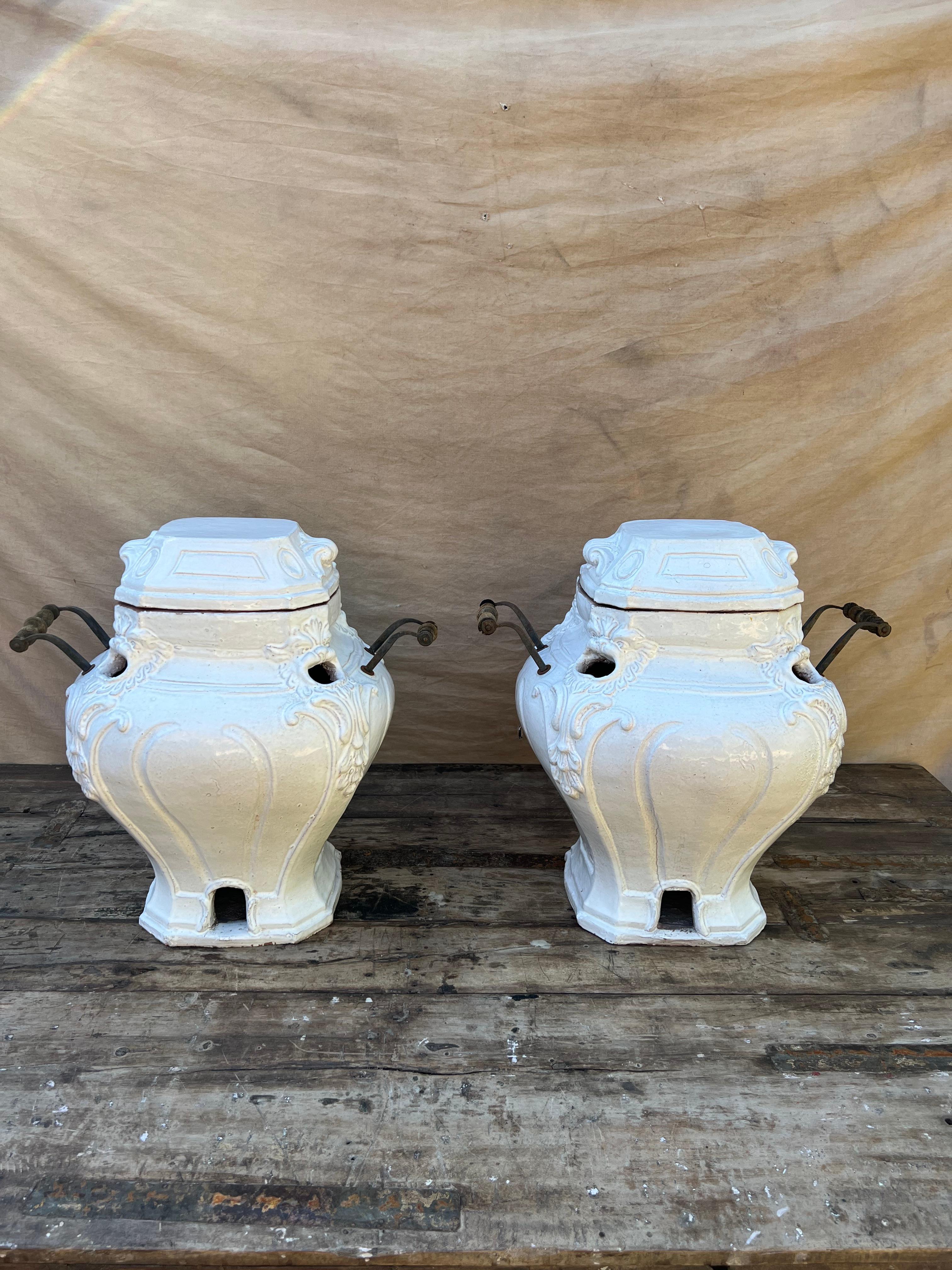Pair of Glazed Terracotta Garden Urns or Jardinieres with Metal and Wood Handles For Sale 9