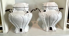 Pair of Glazed Terracotta Garden Urns or Jardinieres with Metal and Wood Handles