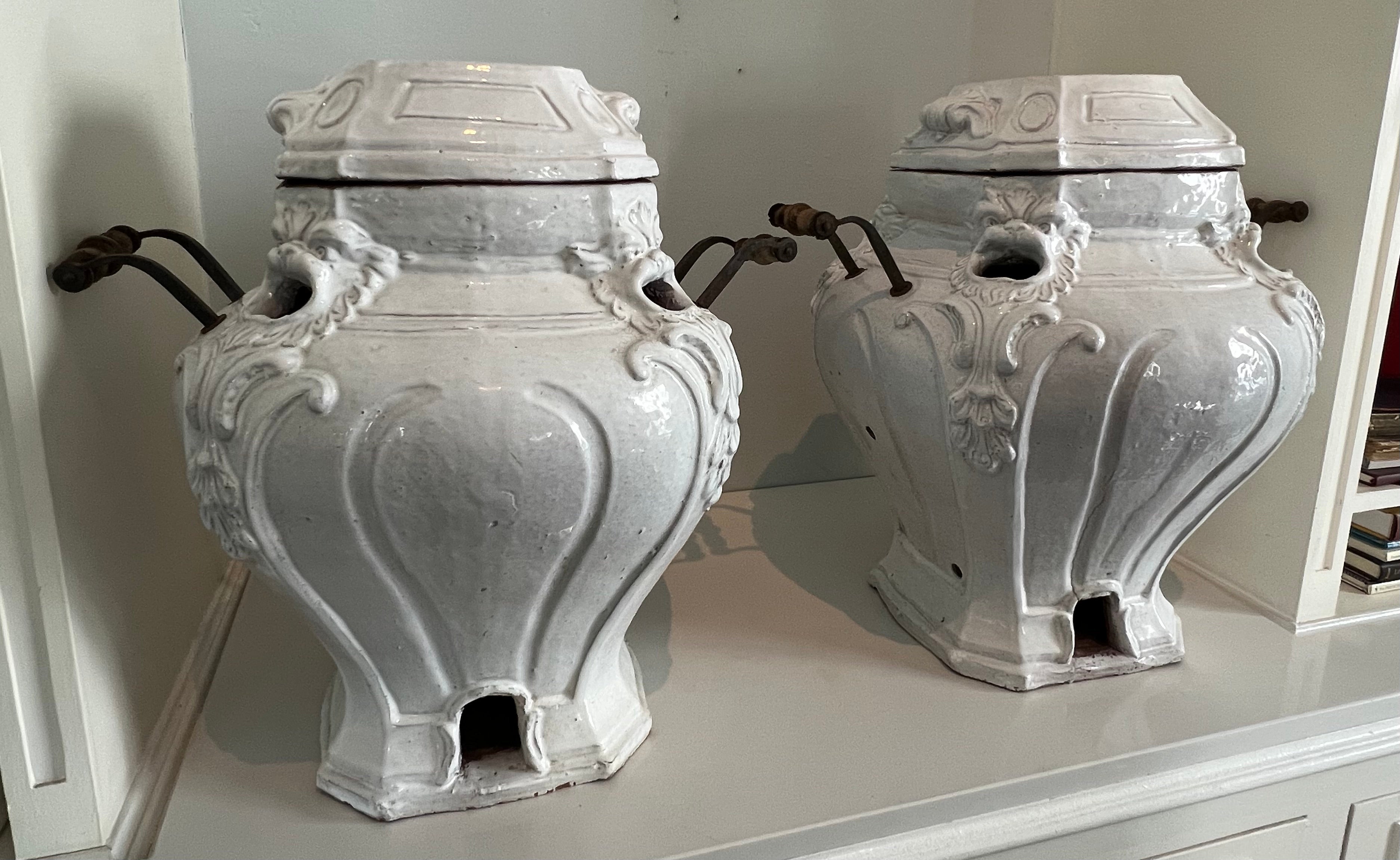 Rustic Pair of Glazed Terracotta Garden Urns or Jardinieres with Metal and Wood Handles For Sale