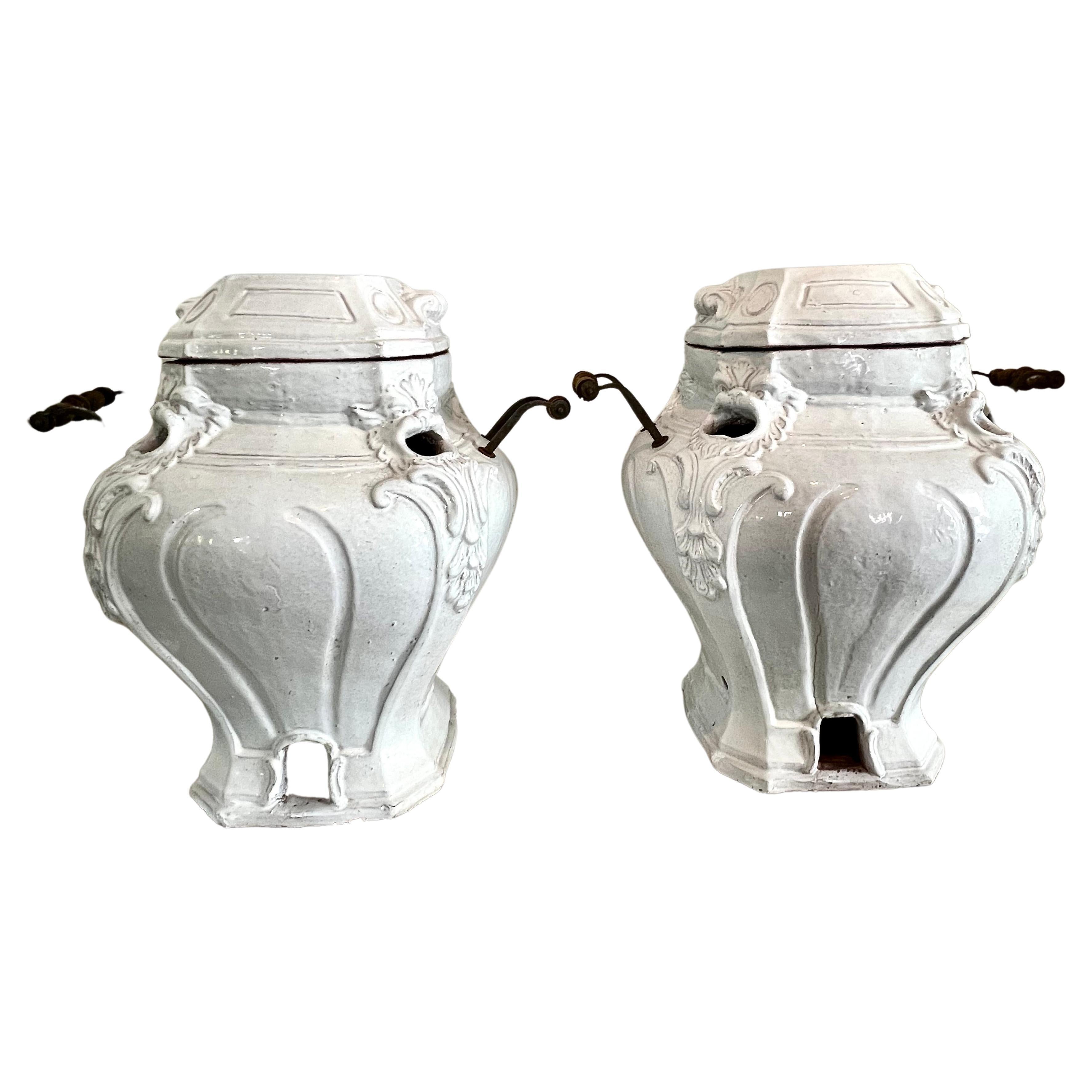 Pair of Glazed Terracotta Garden Urns or Jardinieres with Metal and Wood Handles For Sale 1