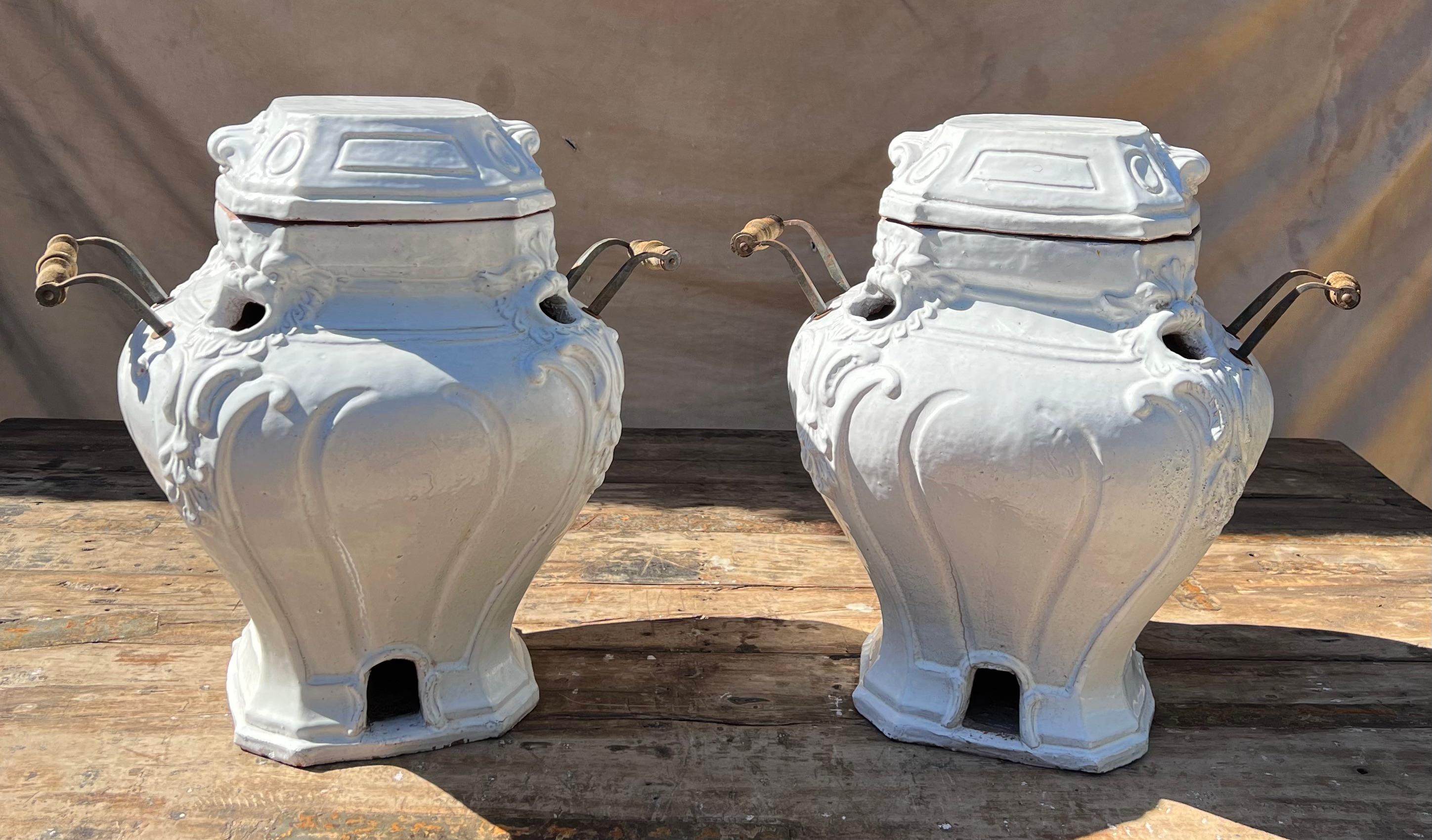 Pair of Glazed Terracotta Garden Urns or Jardinieres with Metal and Wood Handles For Sale 4