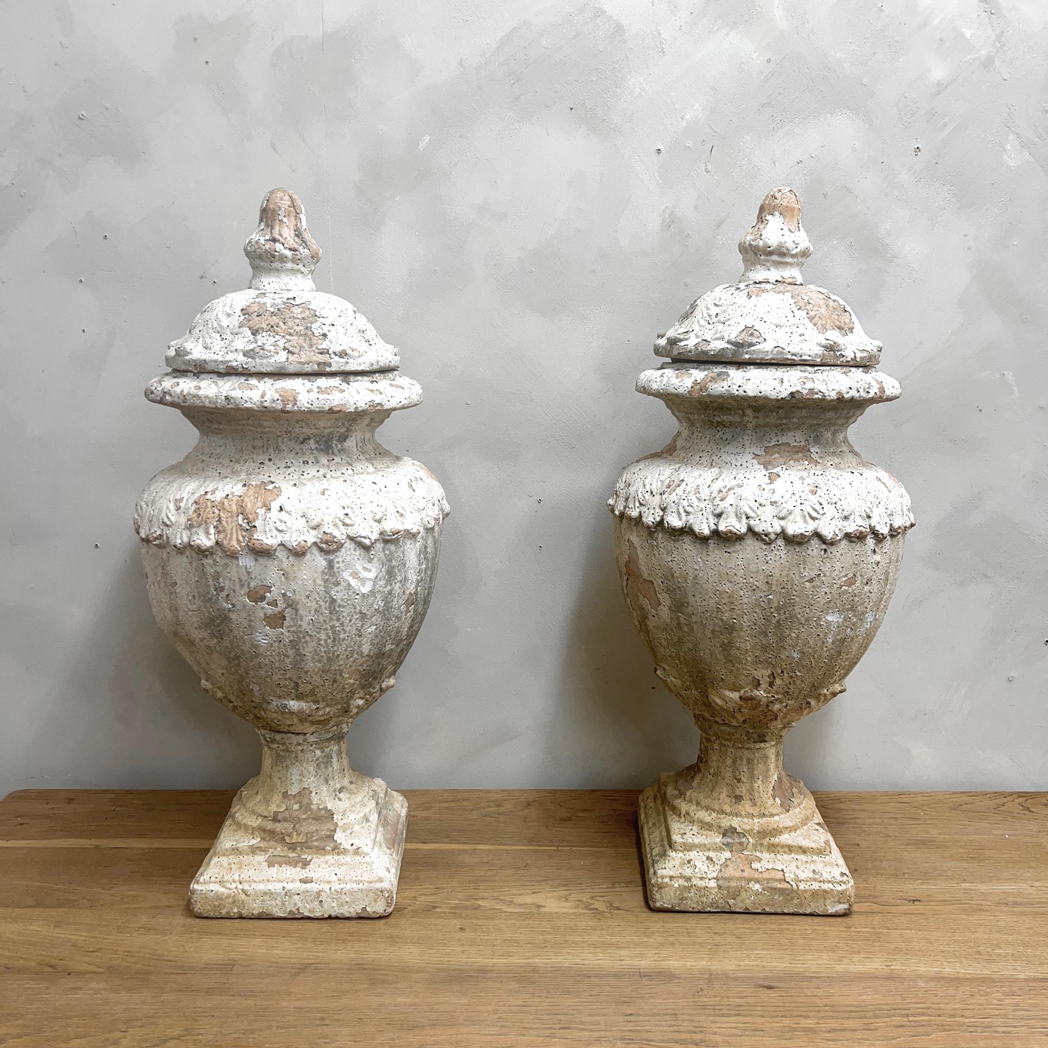Hand-Crafted Pair of Glazed Terracotta Lidded Urns