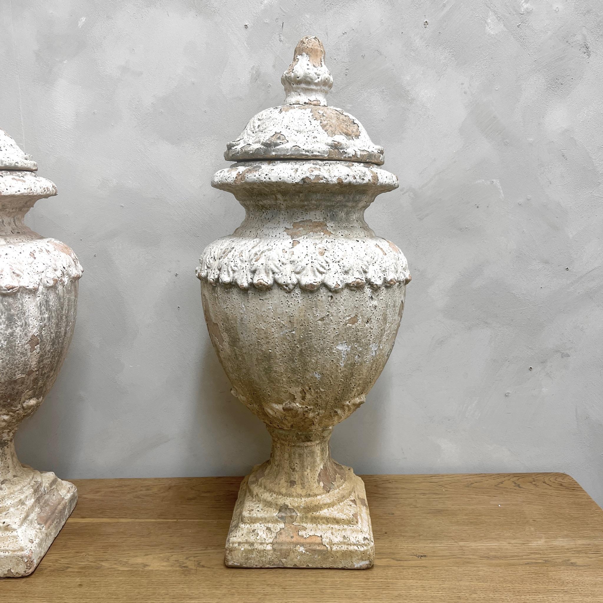 20th Century Pair of Glazed Terracotta Lidded Urns