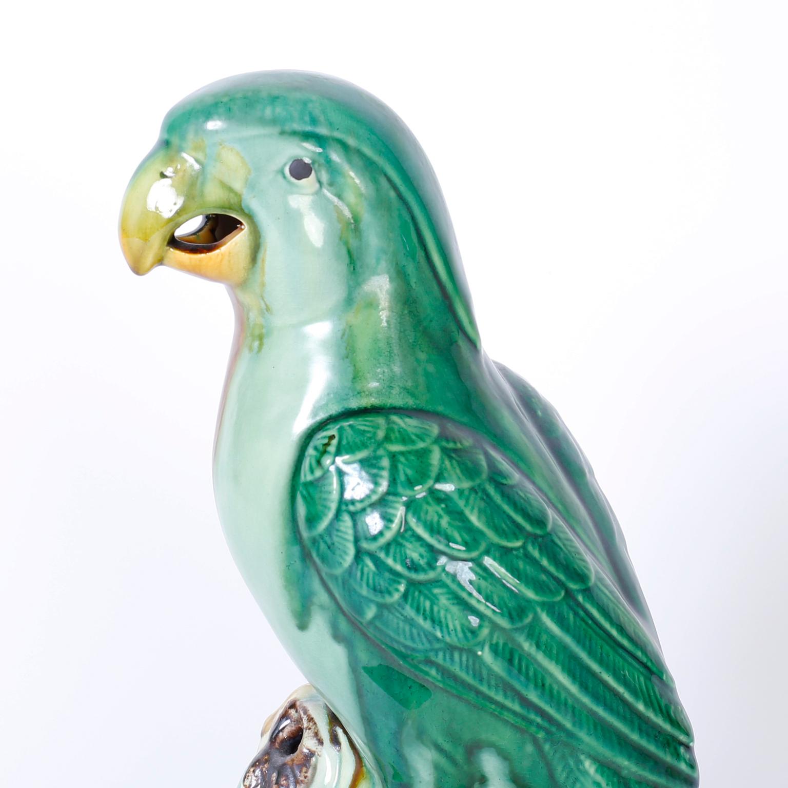 Mid-Century Modern Pair of Glazed Terracotta or Sancai Parrots