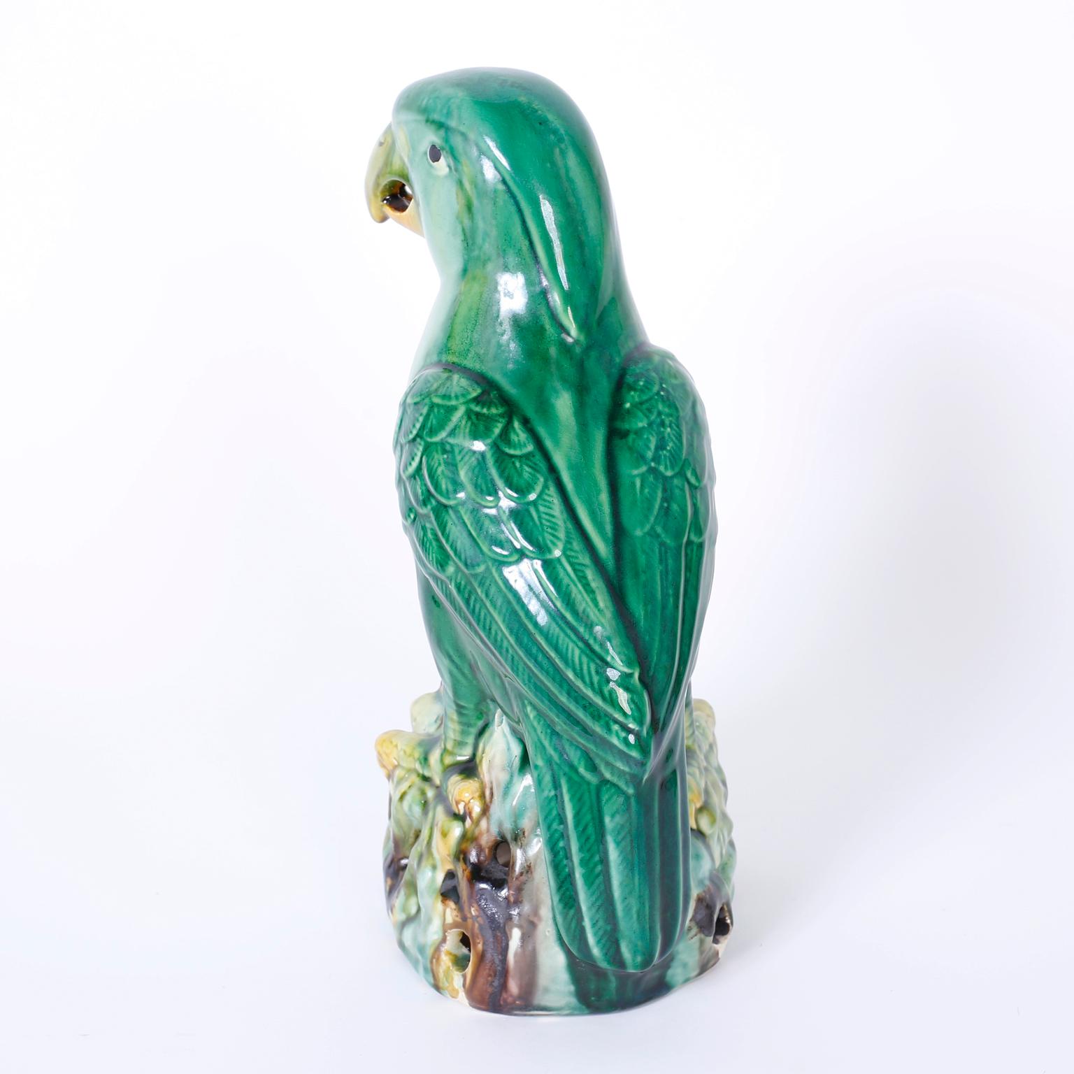 Chinese Pair of Glazed Terracotta or Sancai Parrots