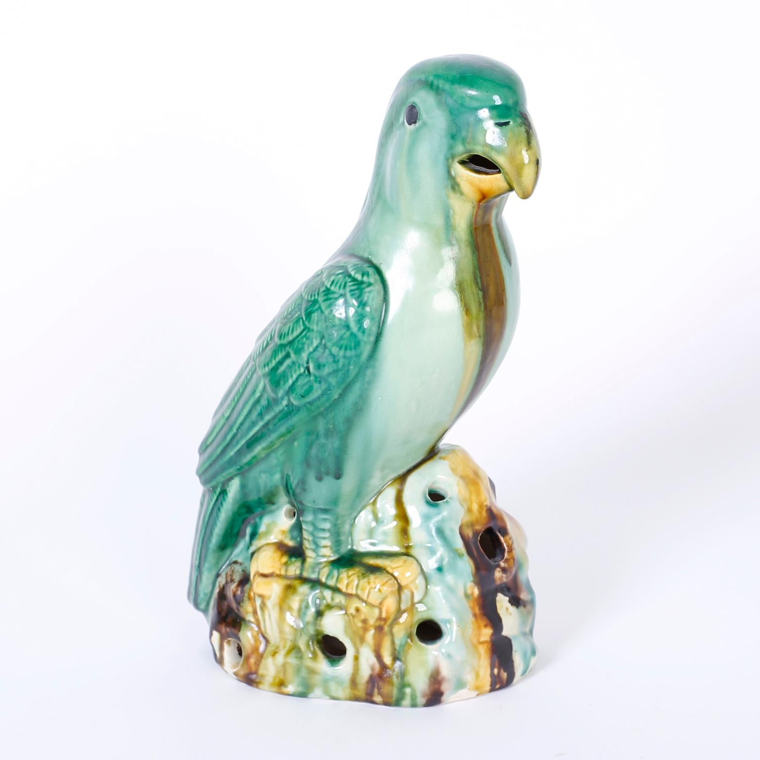 Pair of Glazed Terracotta or Sancai Parrots In Good Condition In Palm Beach, FL