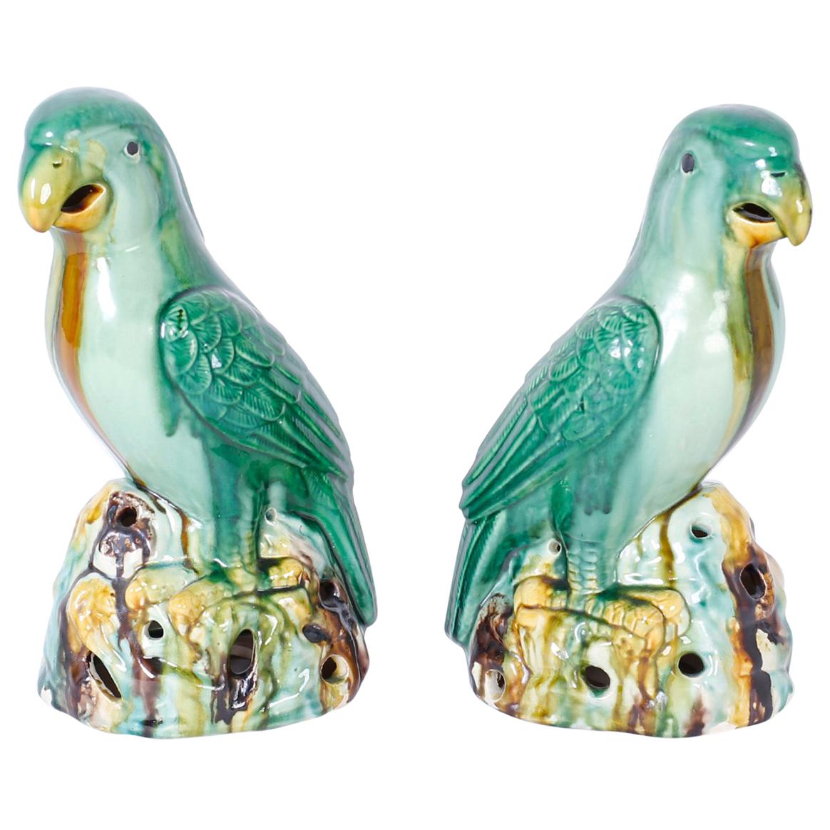 Pair of Glazed Terracotta or Sancai Parrots