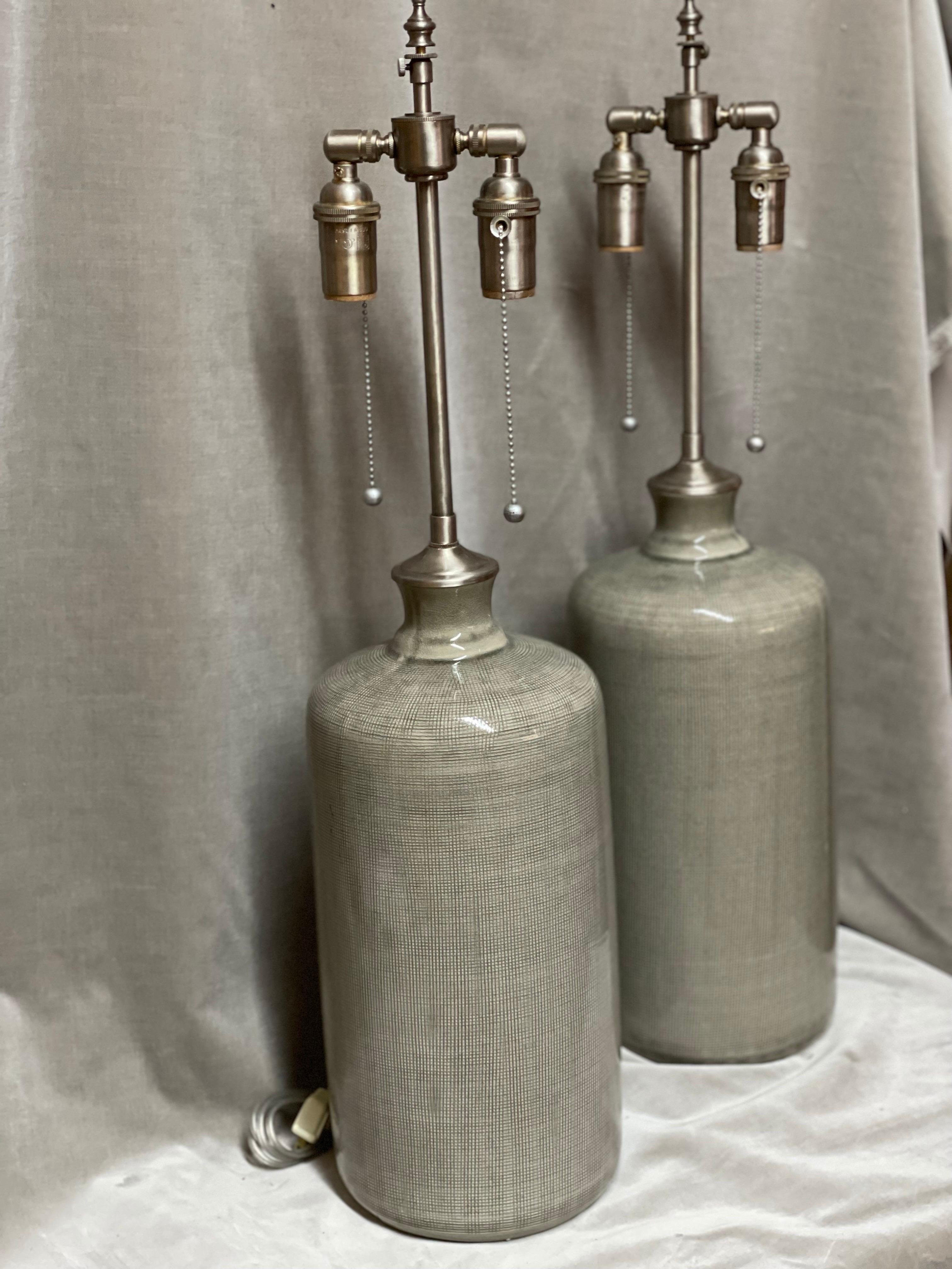 Pair of Glazed Textured Ceramic Vessels with Lamp Application For Sale 4