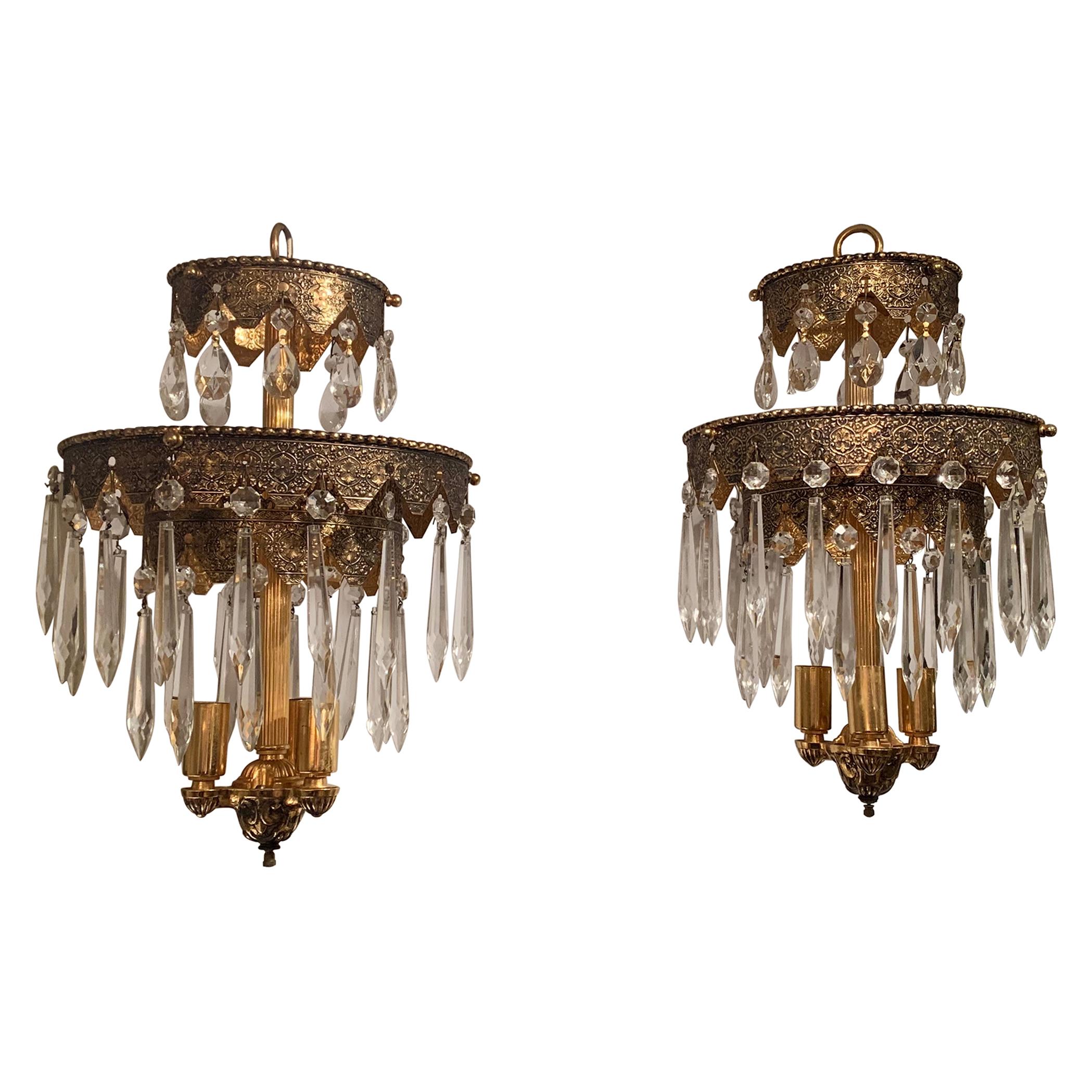 Pair of Glitzy Etched Metal and Crystal Pendant Chandeliers For Sale
