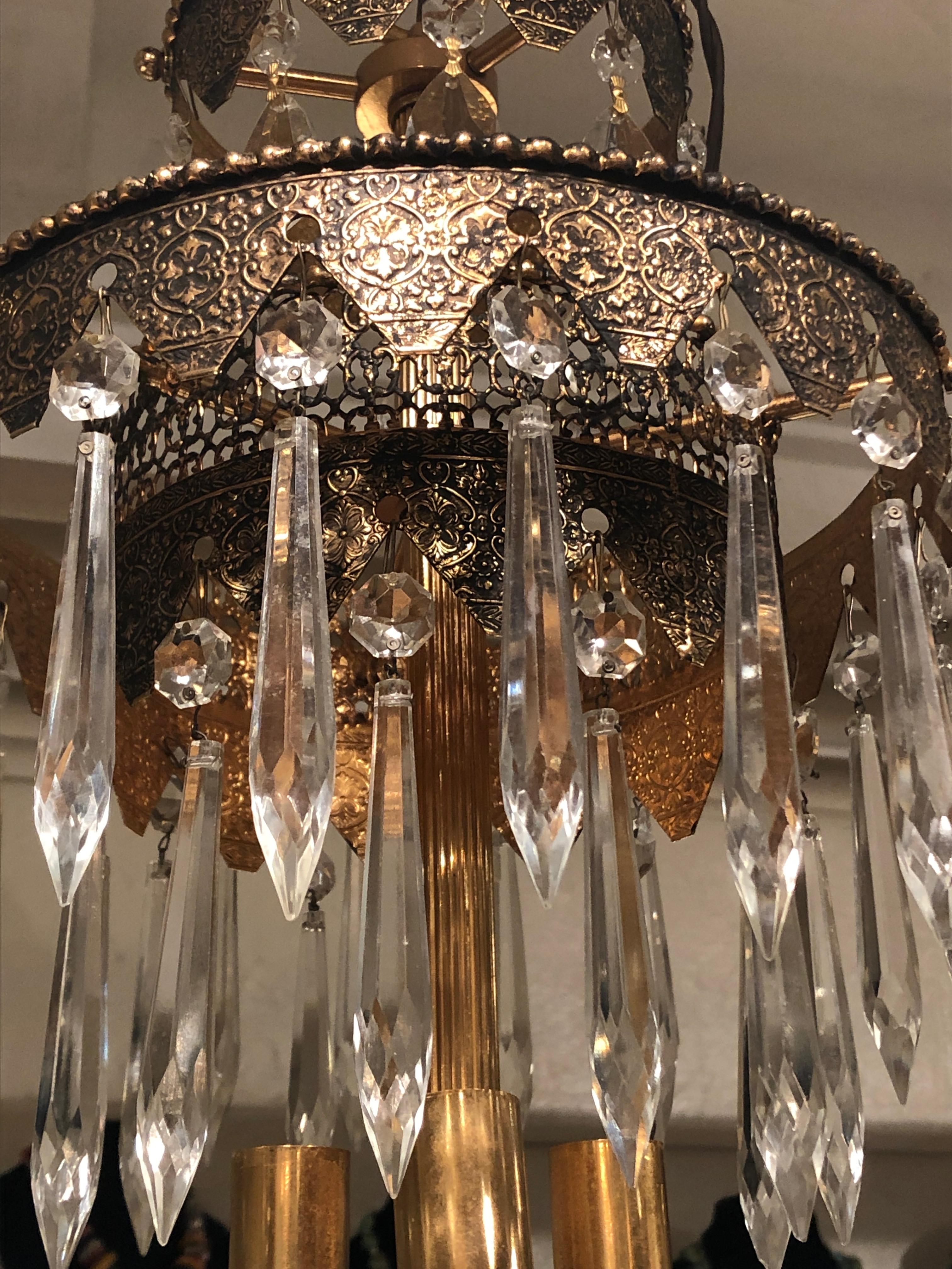 Pair of Glitzy Etched Metal and Crystal Pendant Chandeliers For Sale 5