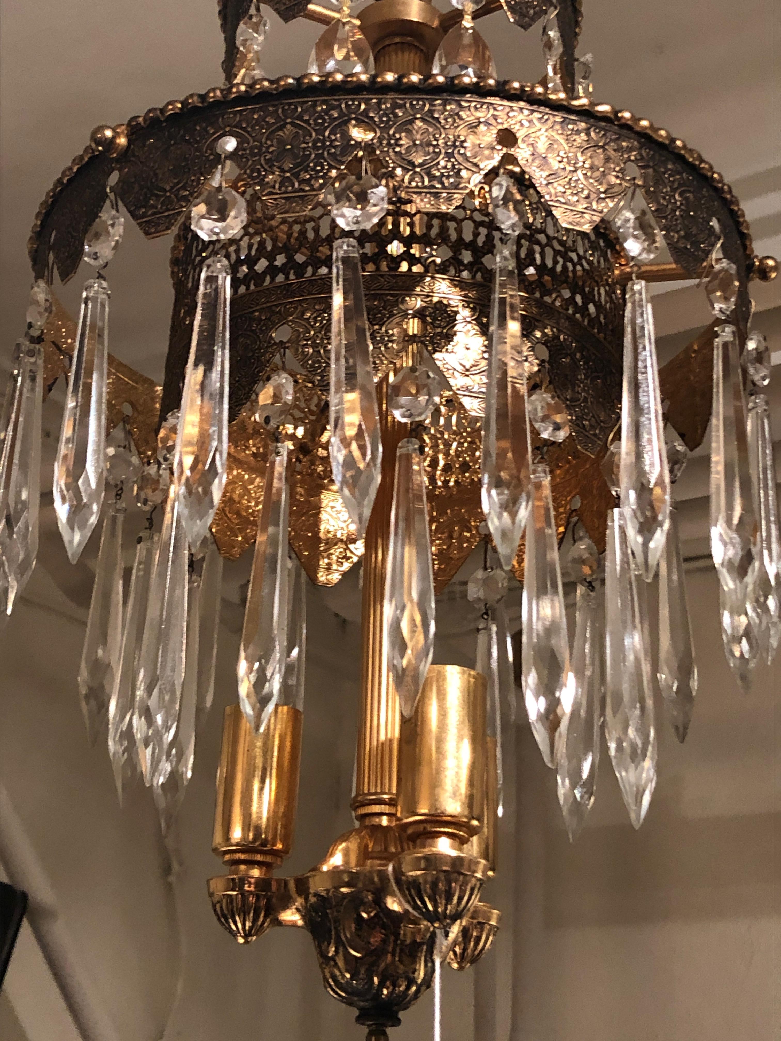 Pair of Glitzy Etched Metal and Crystal Pendant Chandeliers For Sale 7