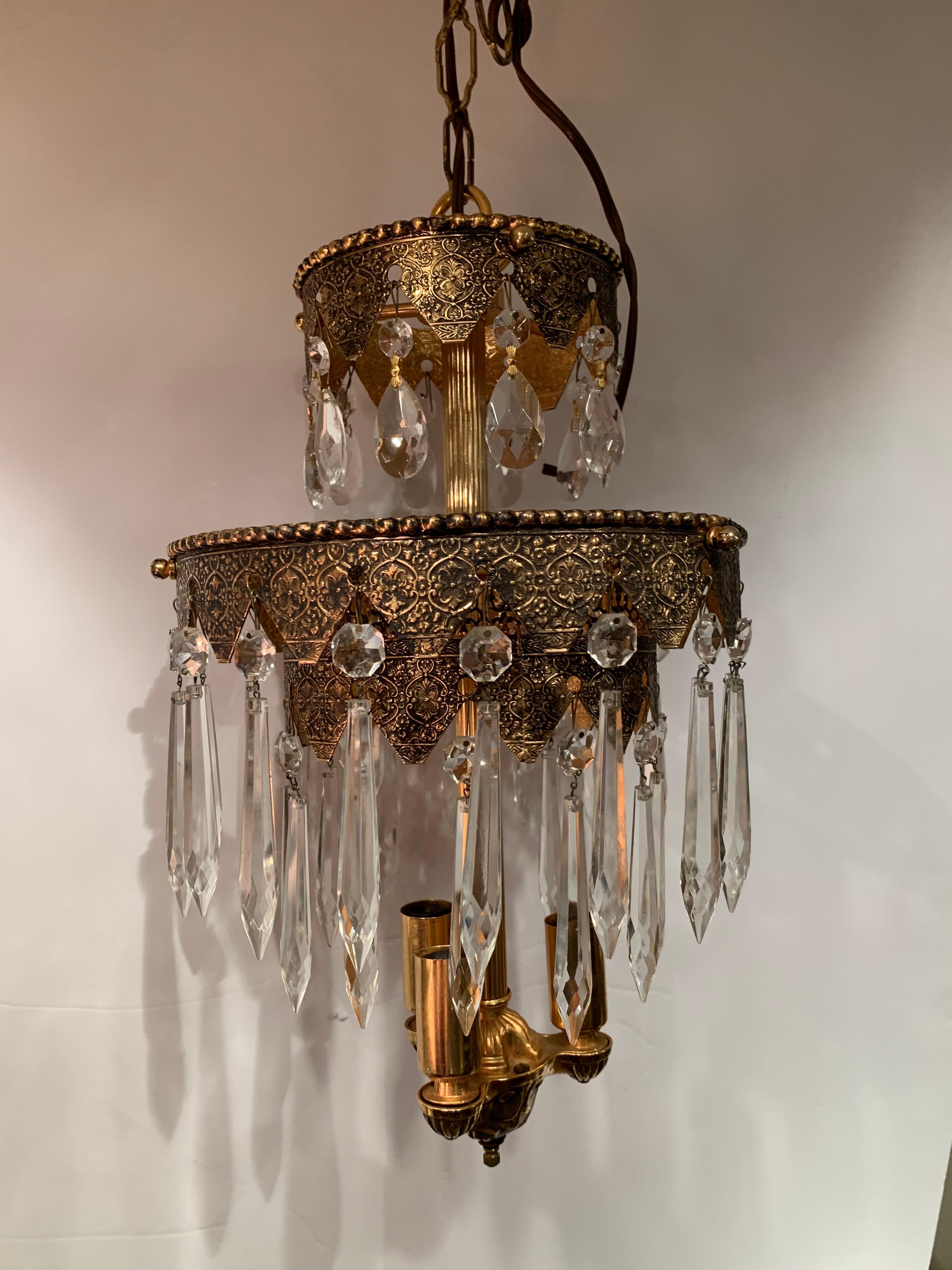 Art Deco Pair of Glitzy Etched Metal and Crystal Pendant Chandeliers For Sale