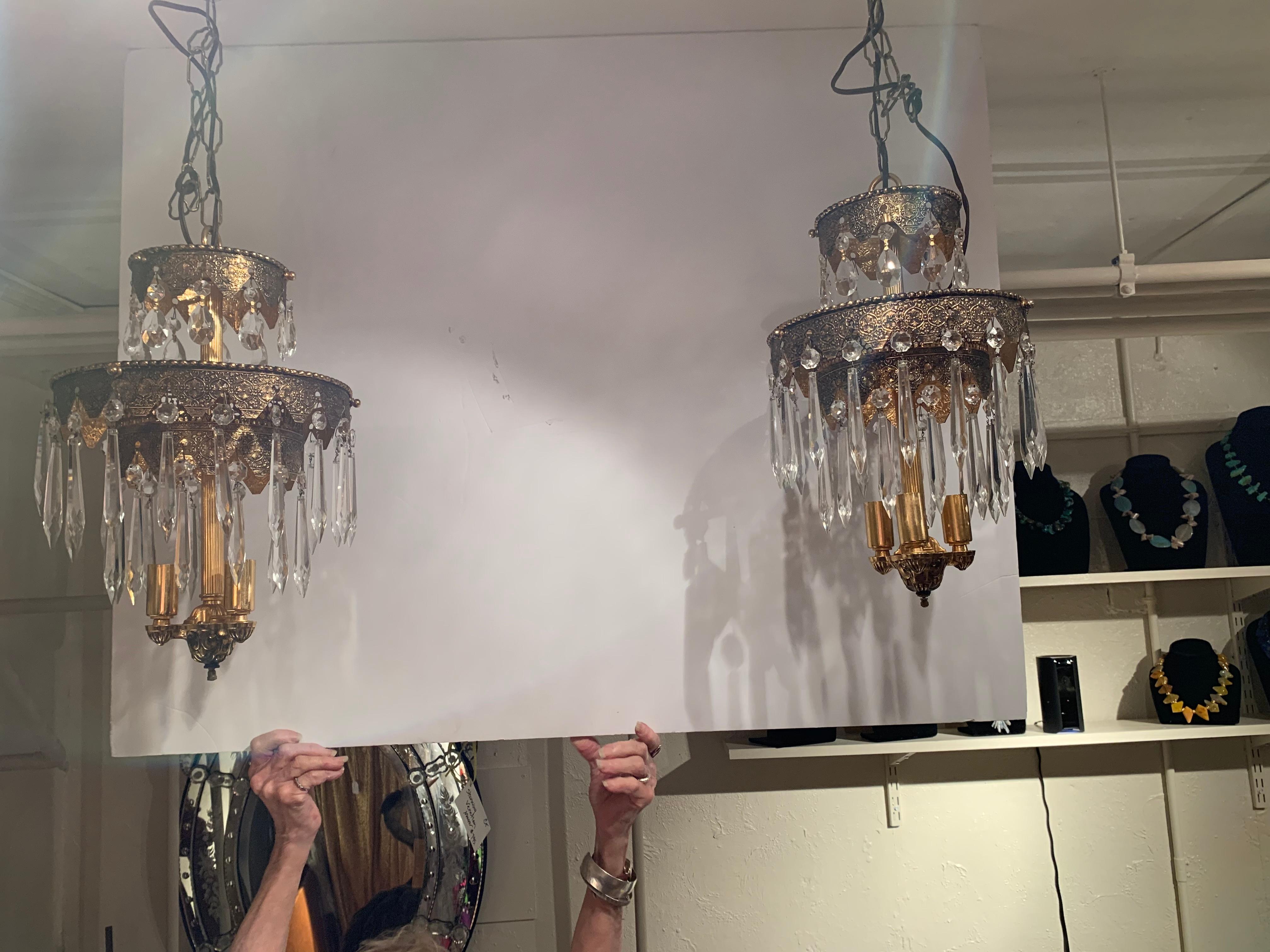 Pair of Glitzy Etched Metal and Crystal Pendant Chandeliers In Excellent Condition For Sale In Hopewell, NJ
