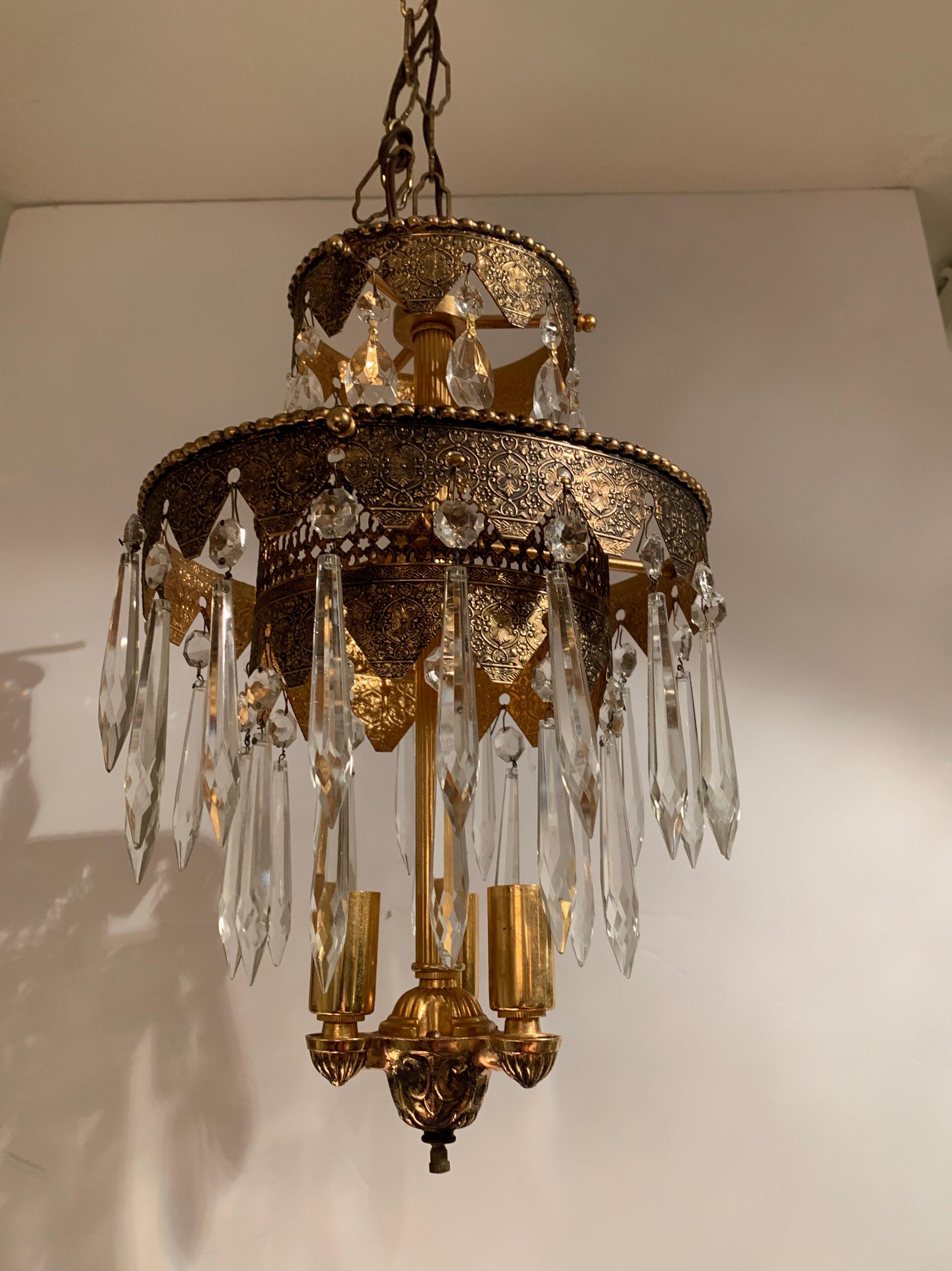 Pair of Glitzy Etched Metal and Crystal Pendant Chandeliers For Sale 1