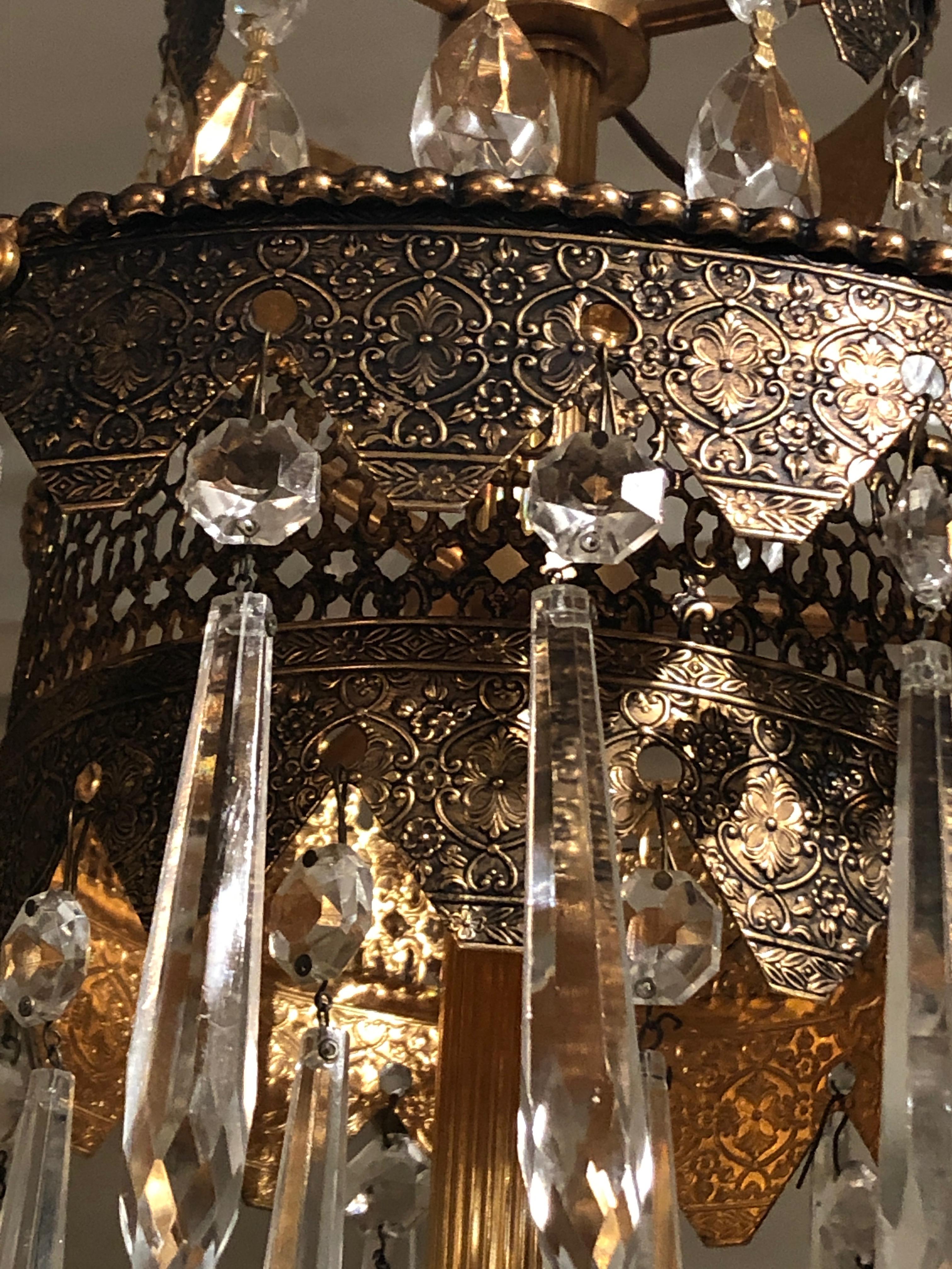 Pair of Glitzy Etched Metal and Crystal Pendant Chandeliers For Sale 2