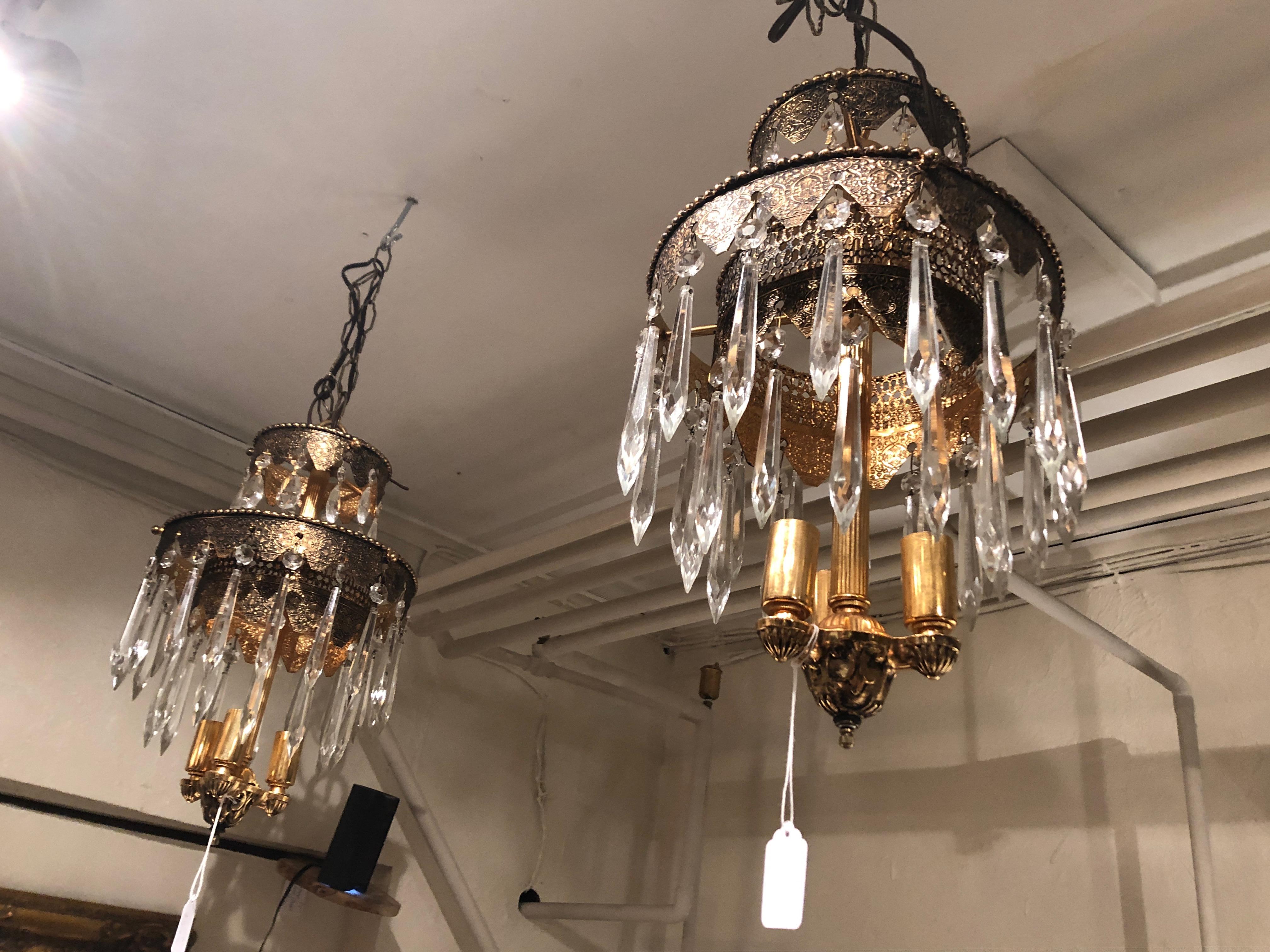 Pair of Glitzy Etched Metal and Crystal Pendant Chandeliers For Sale 3