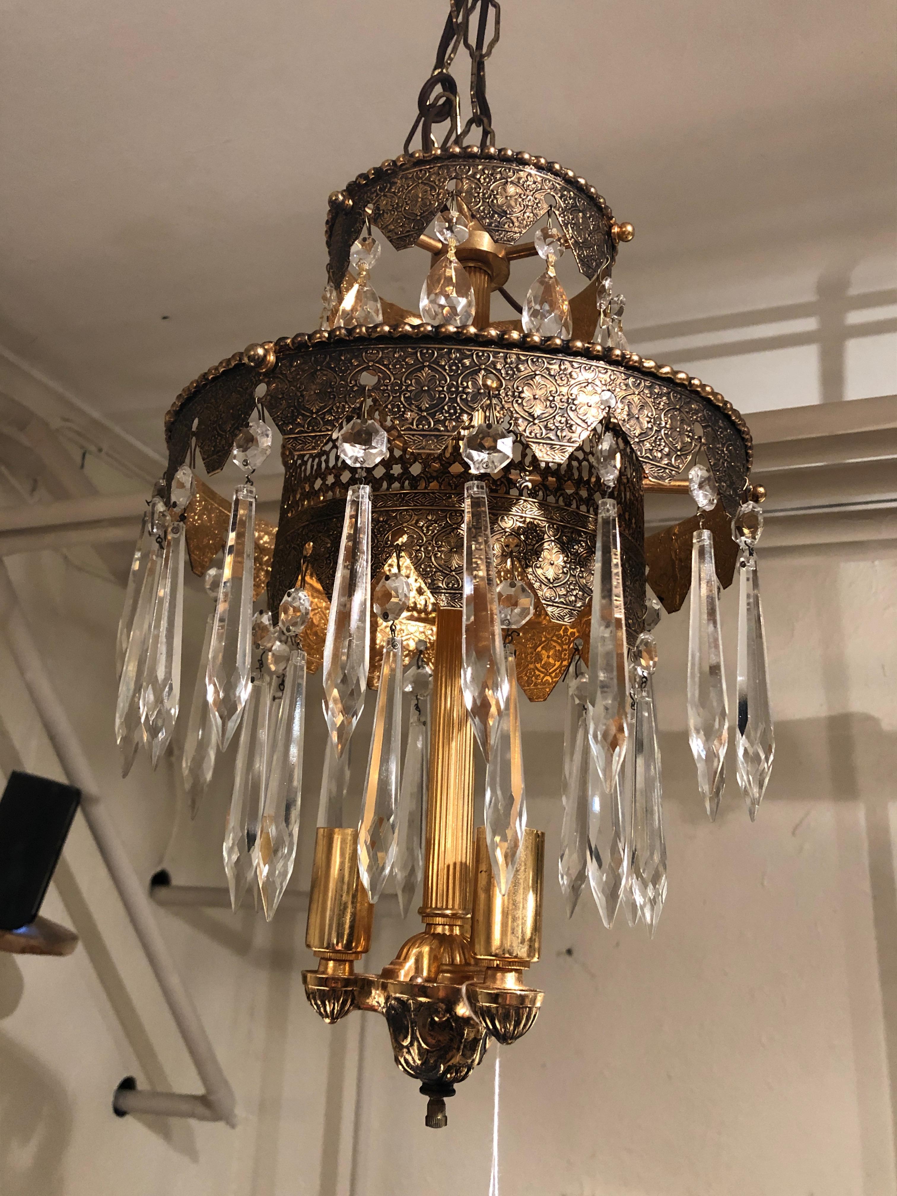 Pair of Glitzy Etched Metal and Crystal Pendant Chandeliers For Sale 4