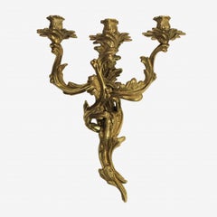 Pair of Glo-Mar Artworks Brass Louis XV Style, Three-Light Candle Wall Sconces
