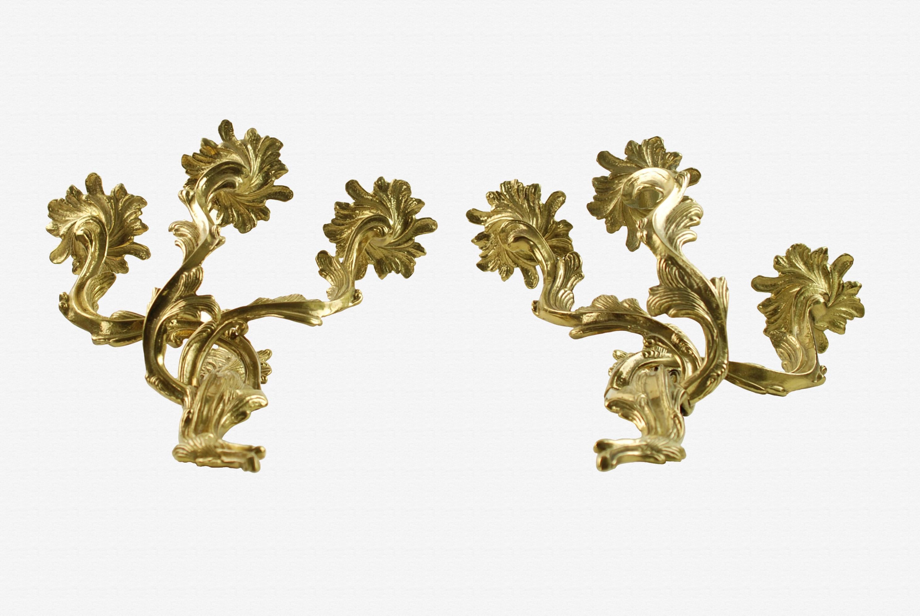 American Pair of Glo-Mar Artworks Brass Louis XV Style, Three-Light Candle Wall Sconces