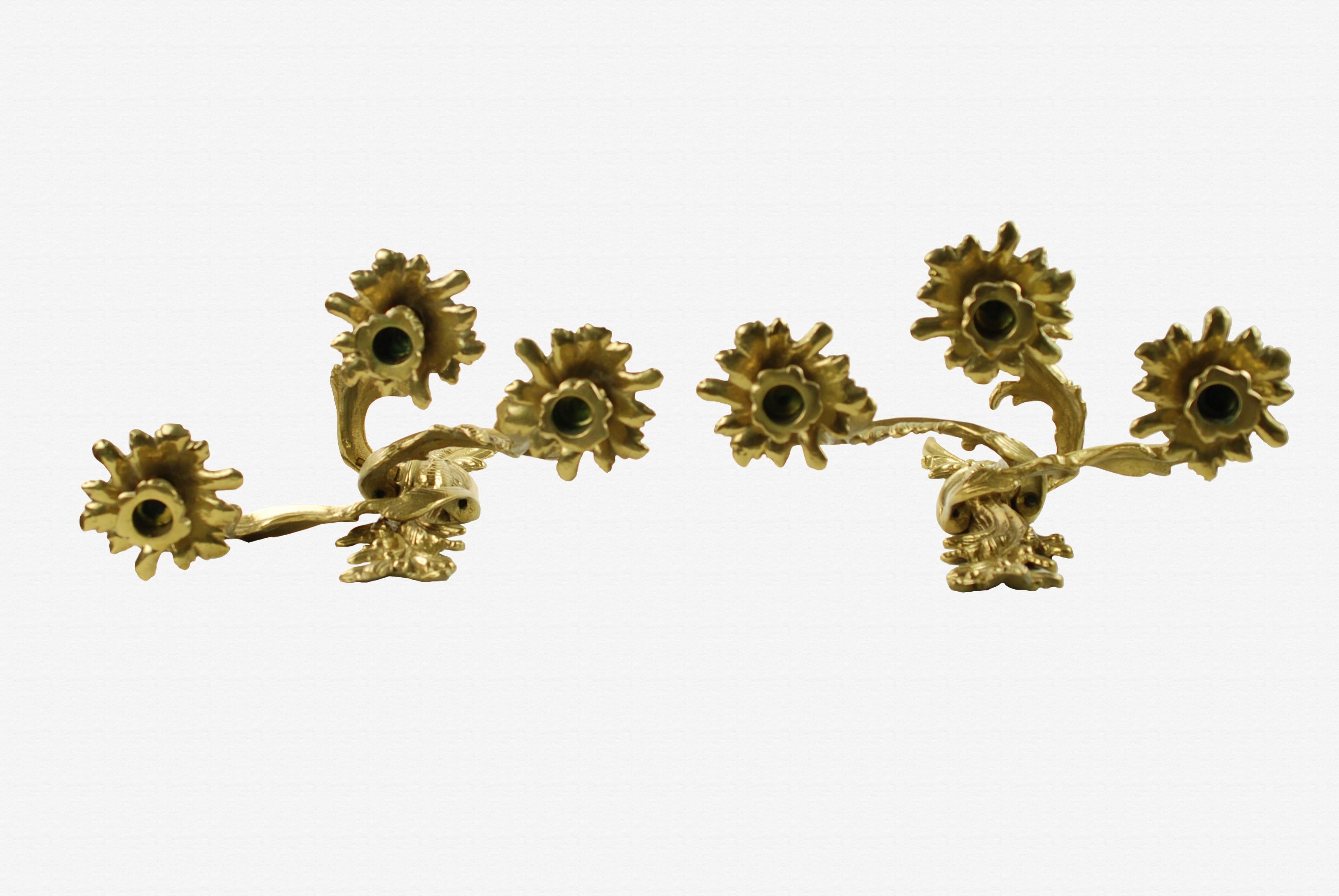 Cast Pair of Glo-Mar Artworks Brass Louis XV Style, Three-Light Candle Wall Sconces