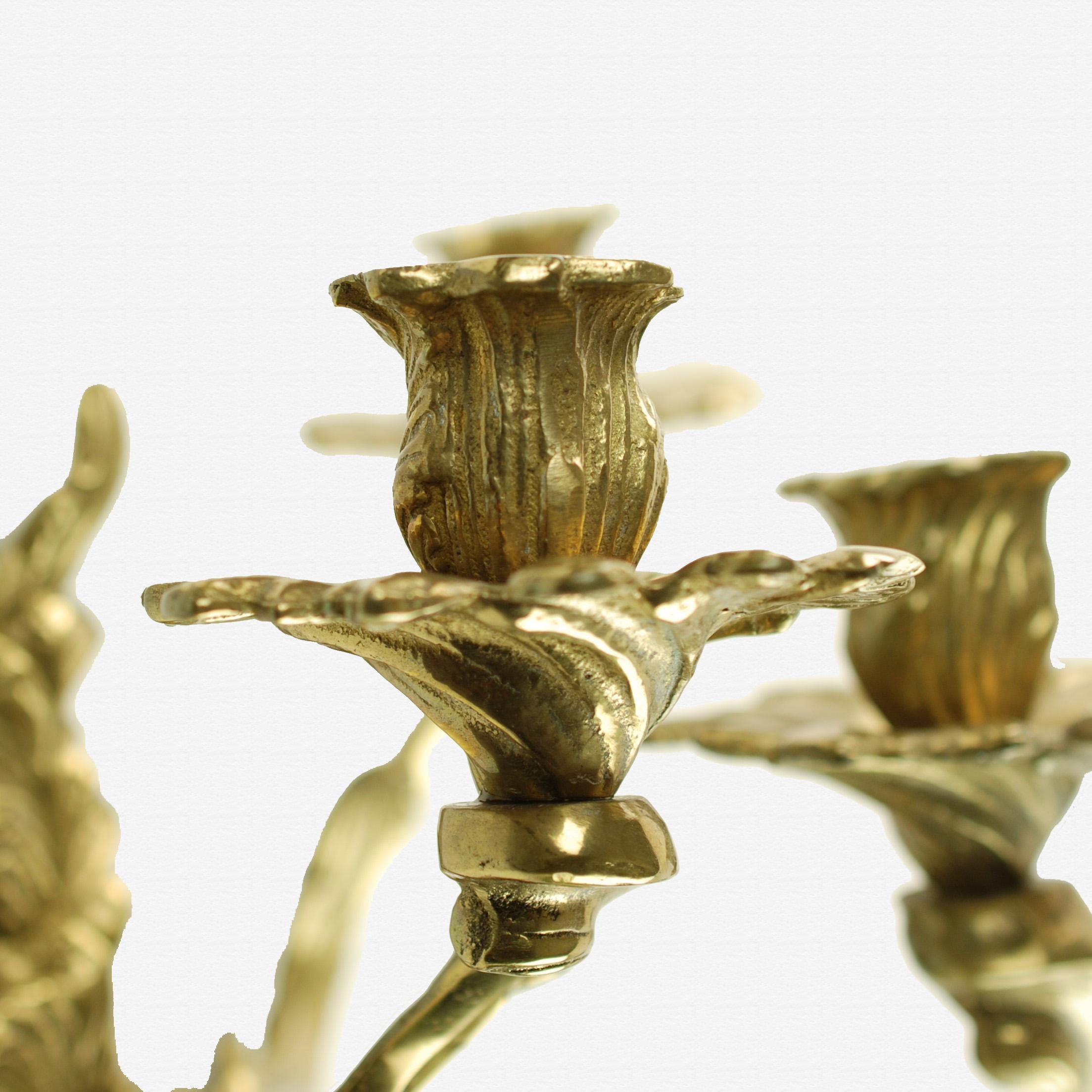 Pair of Glo-Mar Artworks Brass Louis XV Style, Three-Light Candle Wall Sconces In Good Condition In Cincinnati, OH