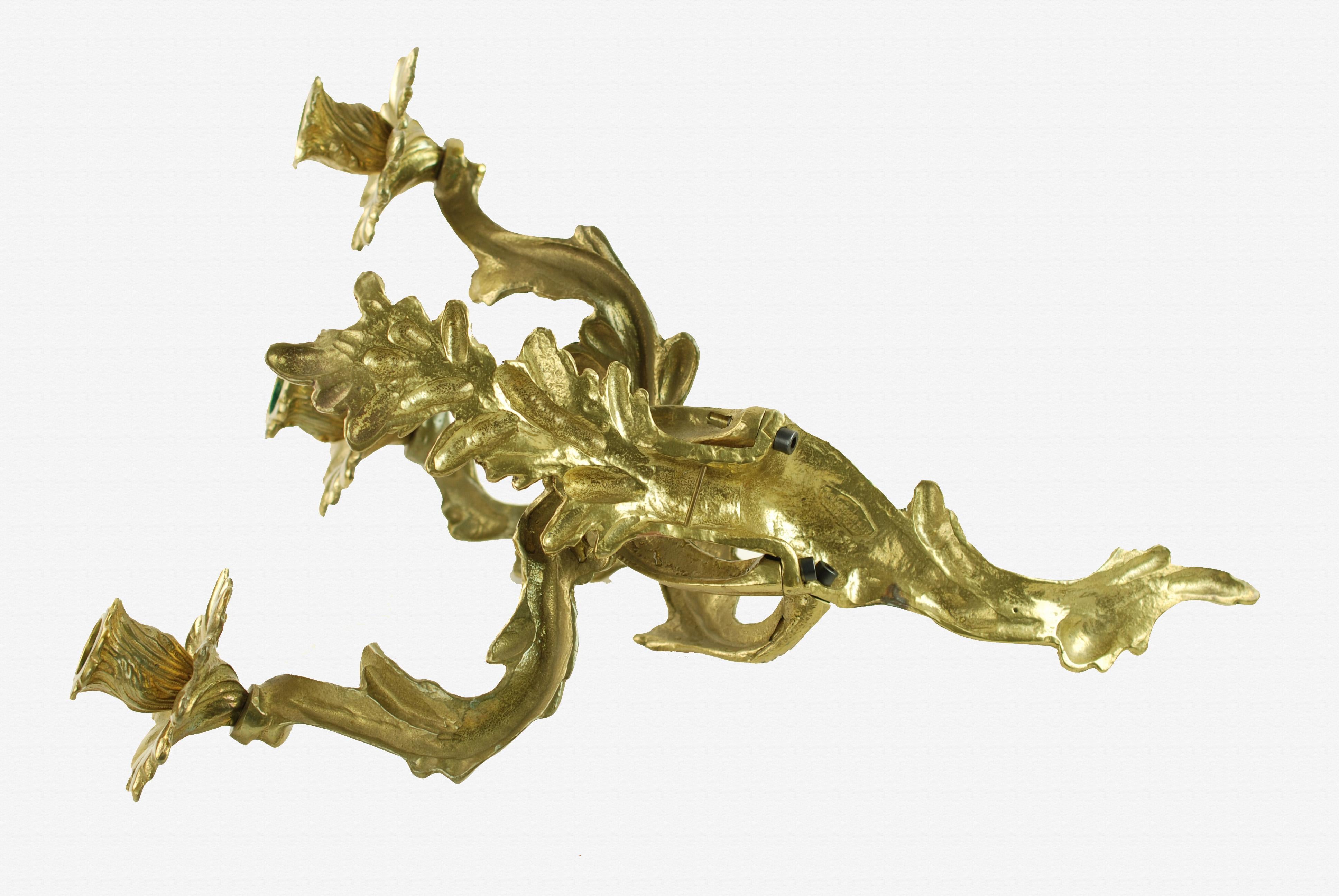 20th Century Pair of Glo-Mar Artworks Brass Louis XV Style, Three-Light Candle Wall Sconces