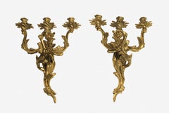 Vintage Pair of Glo-Mar Artworks Brass Louis XV Style, Three-Light Candle Wall Sconces