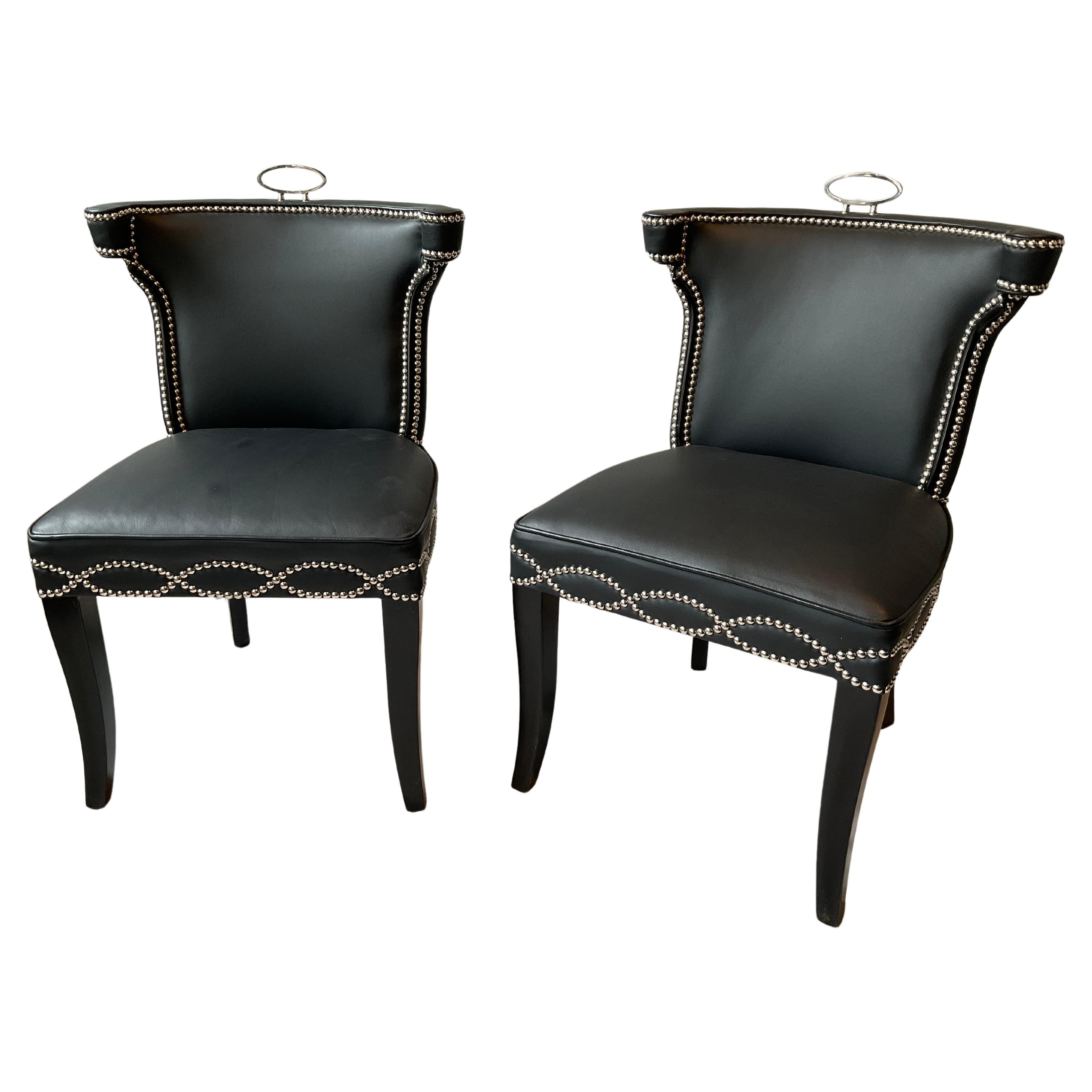 Pair Of Global Views Casino Black Leather Chairs For Sale