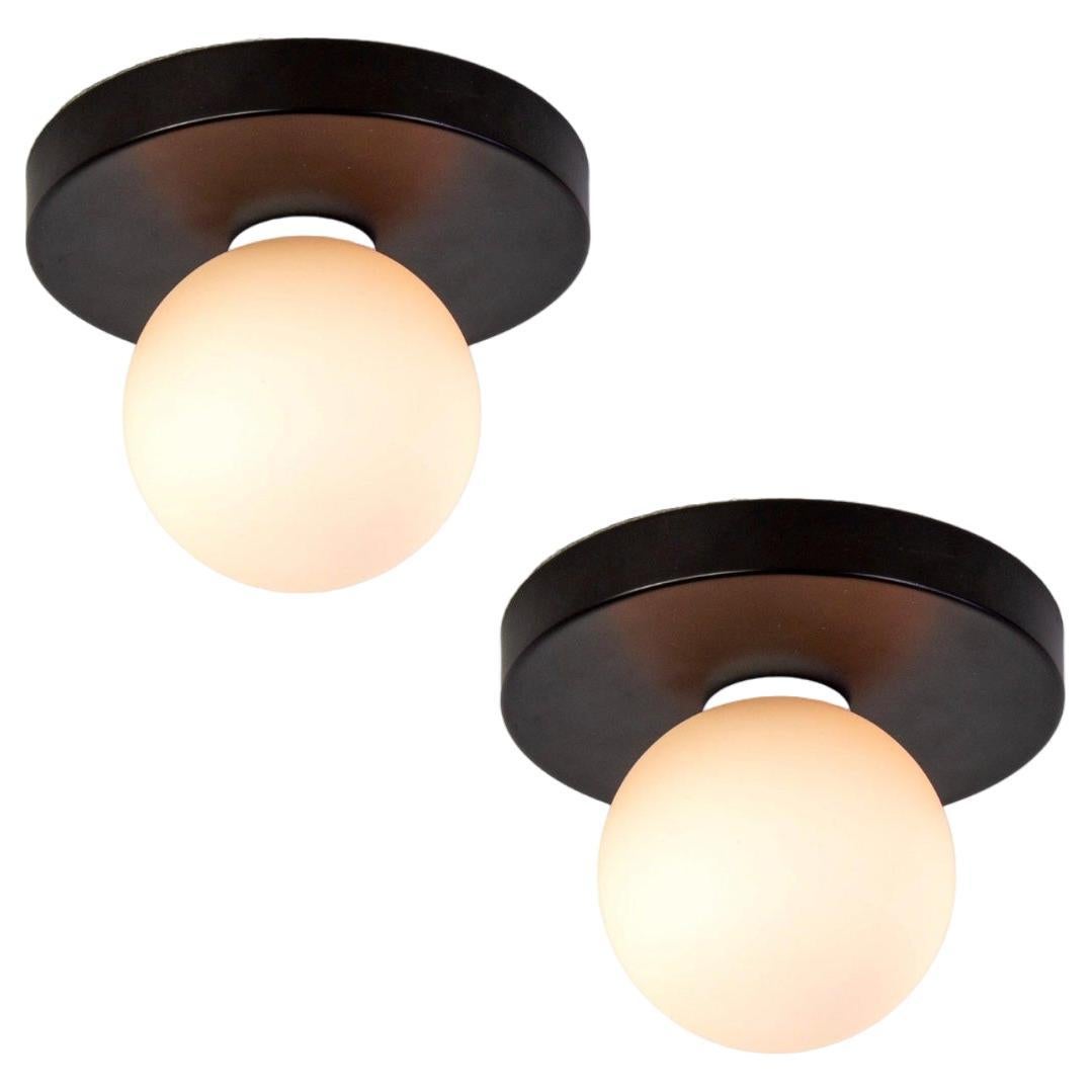 Pair of Globe Flush Mounts by Research.Lighting, Black, In Stock For Sale