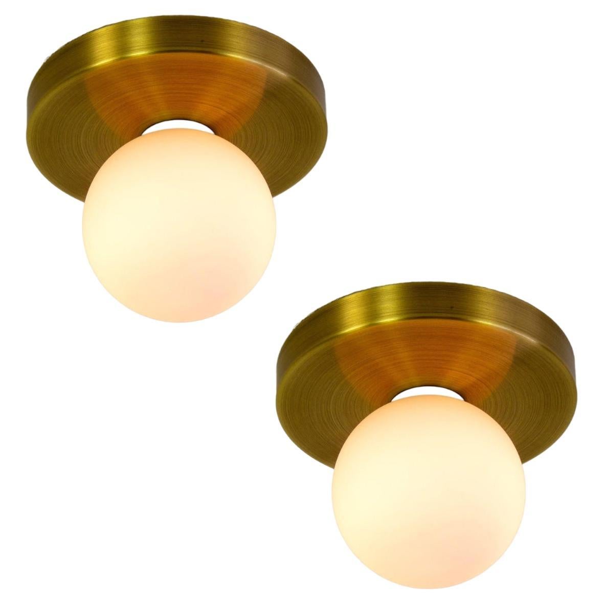 Pair of Globe Flush Mounts by Research.Lighting, Brushed Brass, In Stock For Sale
