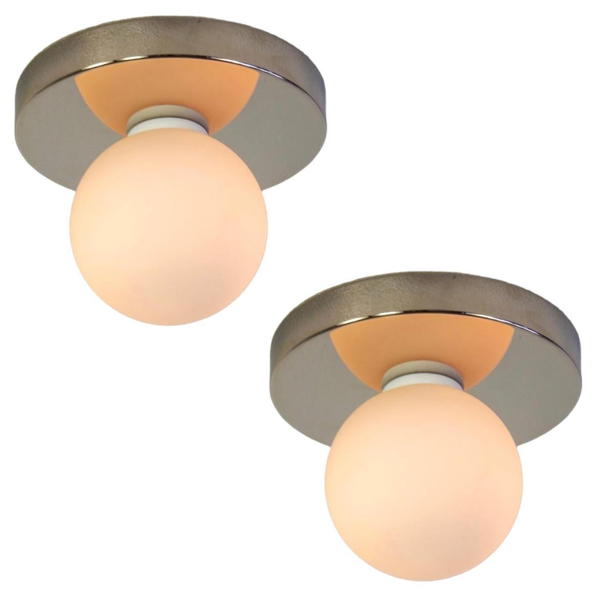 Pair of Globe Flush Mounts by Research.Lighting, Polished Nickel, In Stock For Sale