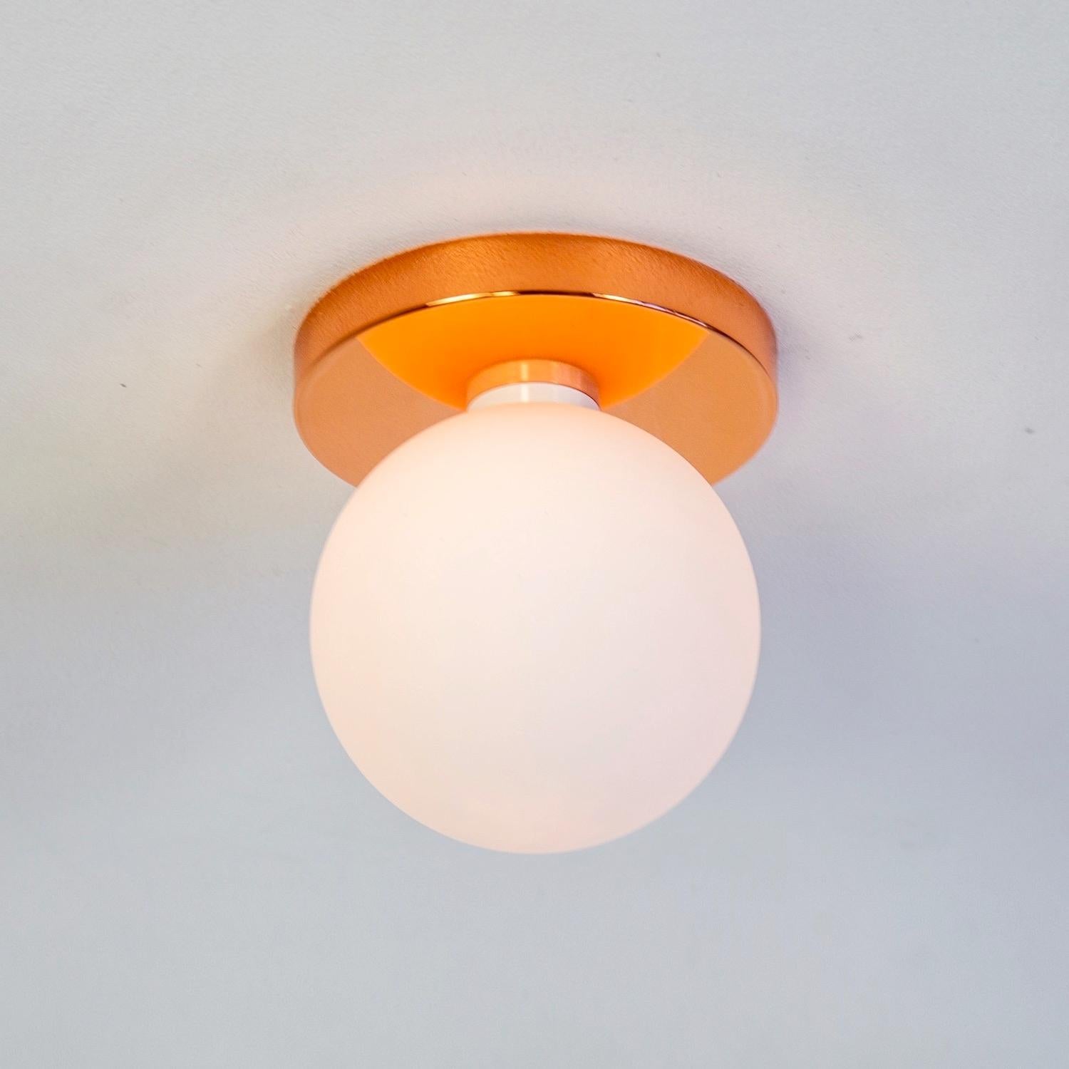 This listing is for 2x Globe Flush Mounts in polished copper designed and manufactured by Research.Lighting.

Materials: Brass, Steel & Glass
Finish: Polished Copper
Electronics: 1x G9 Socket, 1x 4.5 Watt LED Bulb (included for orders to the USA/