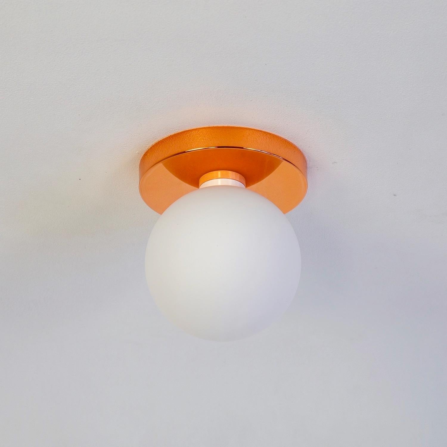 Modern Pair of Globe Flush Mounts, Research.Lighting, Copper, 5in Glass, Made to Order For Sale