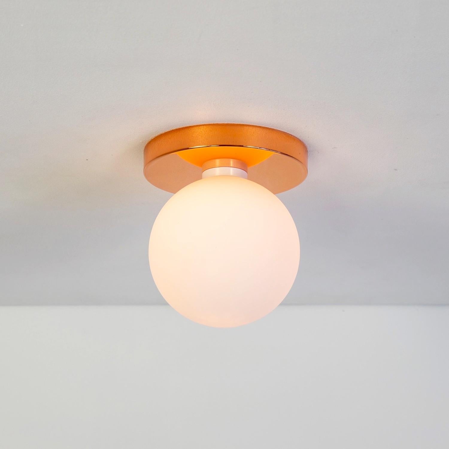 Plated Pair of Globe Flush Mounts, Research.Lighting, Copper, 5in Glass, Made to Order For Sale