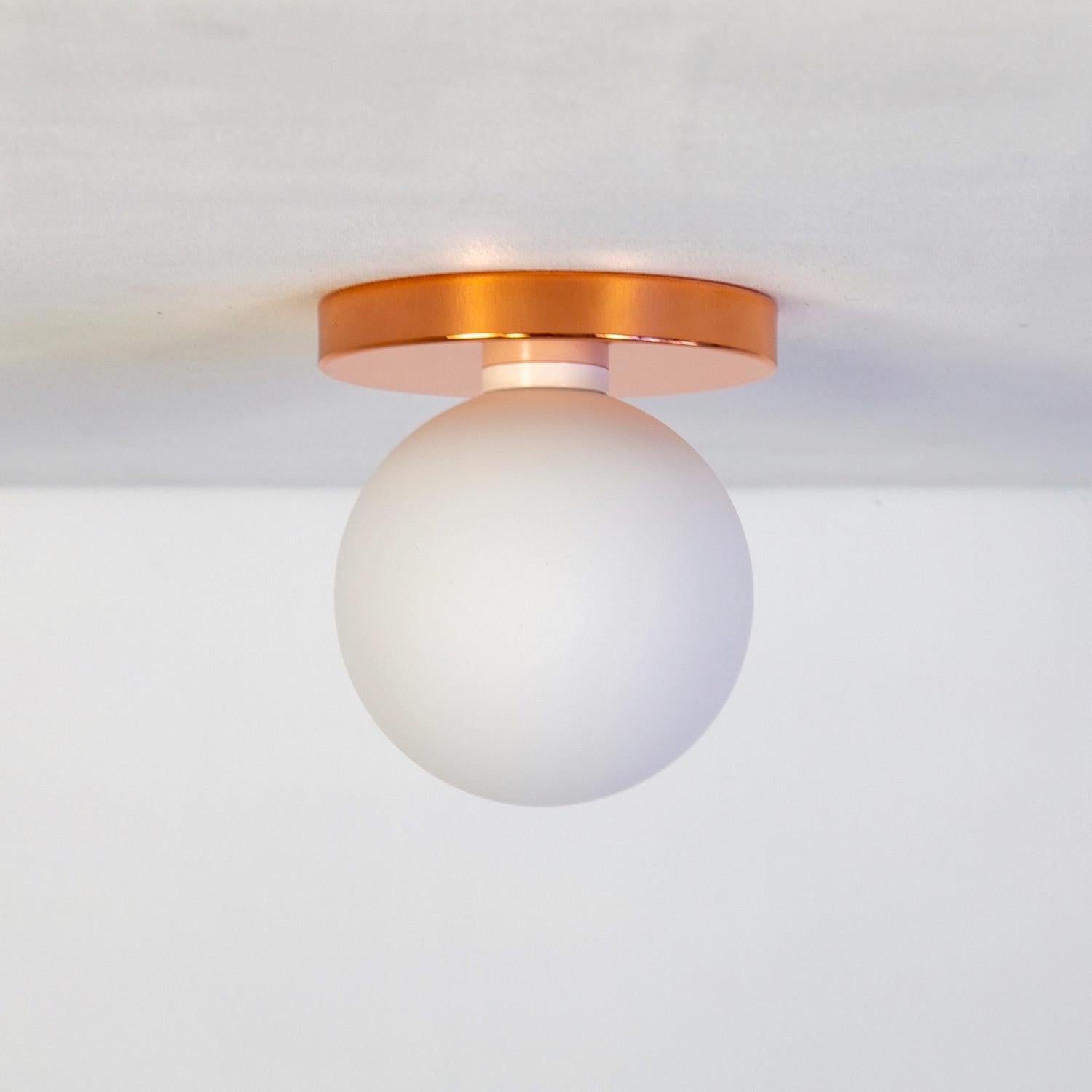 Contemporary Pair of Globe Flush Mounts, Research.Lighting, Copper, 5in Glass, Made to Order For Sale