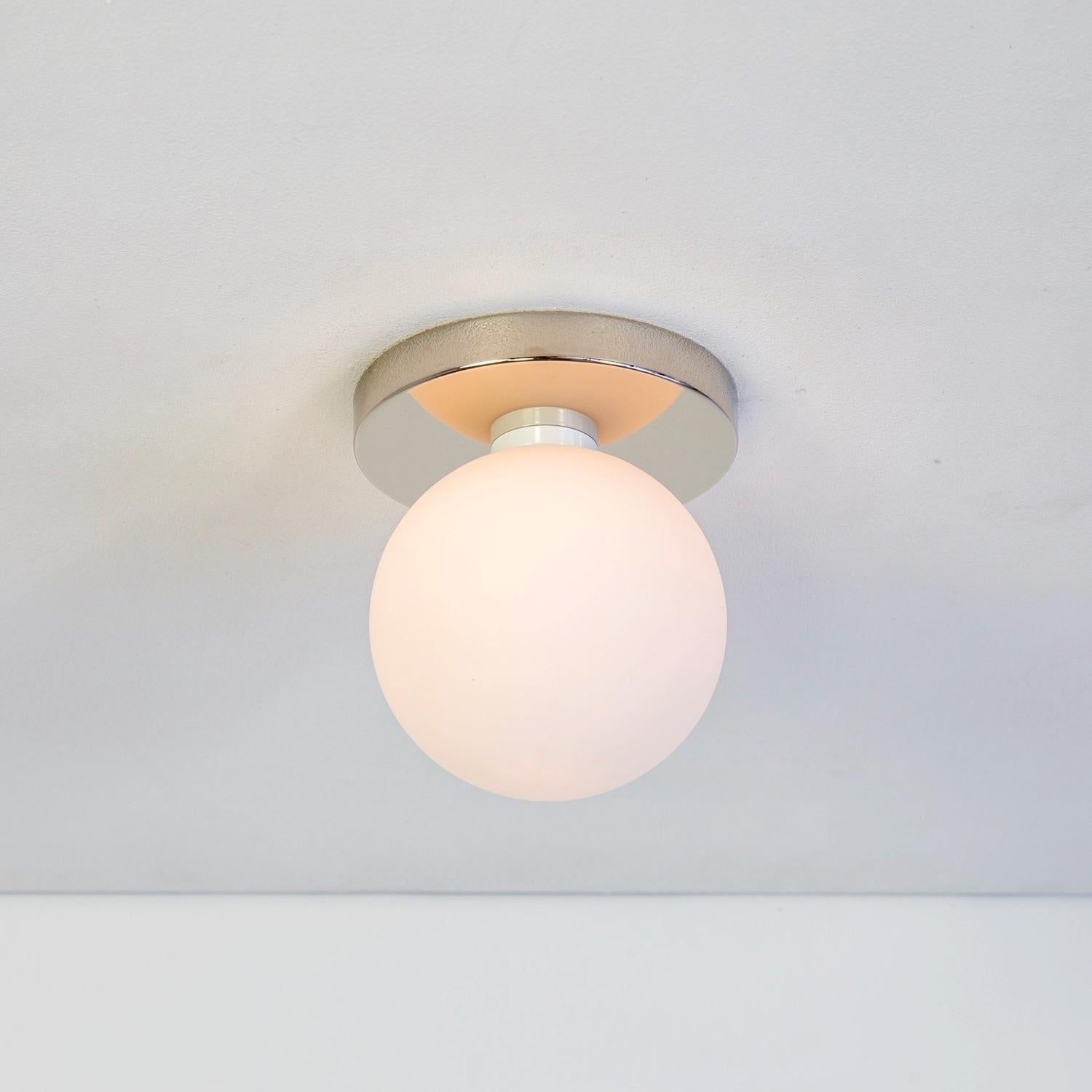 Modern Pair of Globe Flush Mounts, Research.Lighting, Nickel, 5in Glass, Made to Order For Sale