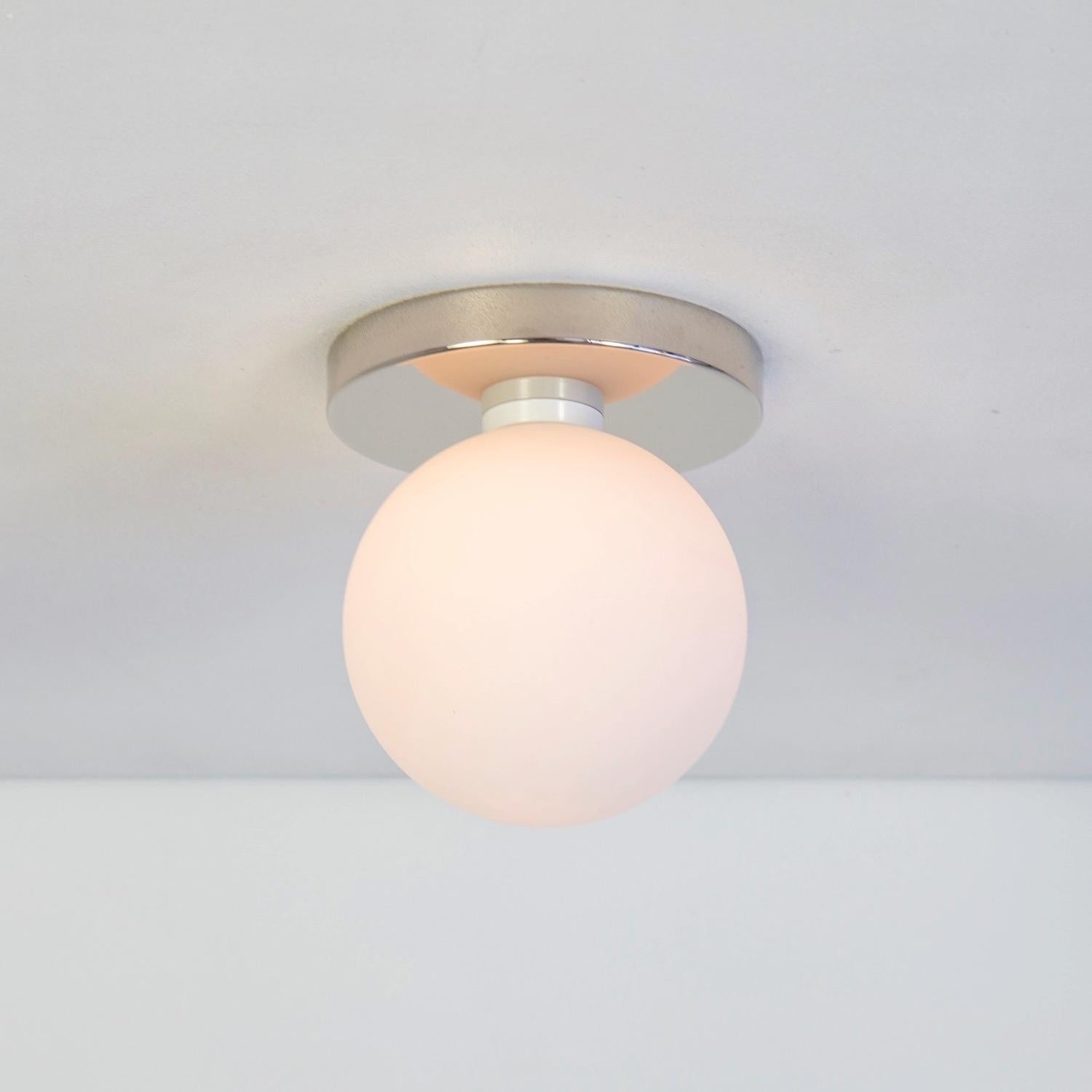 American Pair of Globe Flush Mounts, Research.Lighting, Nickel, 5in Glass, Made to Order For Sale
