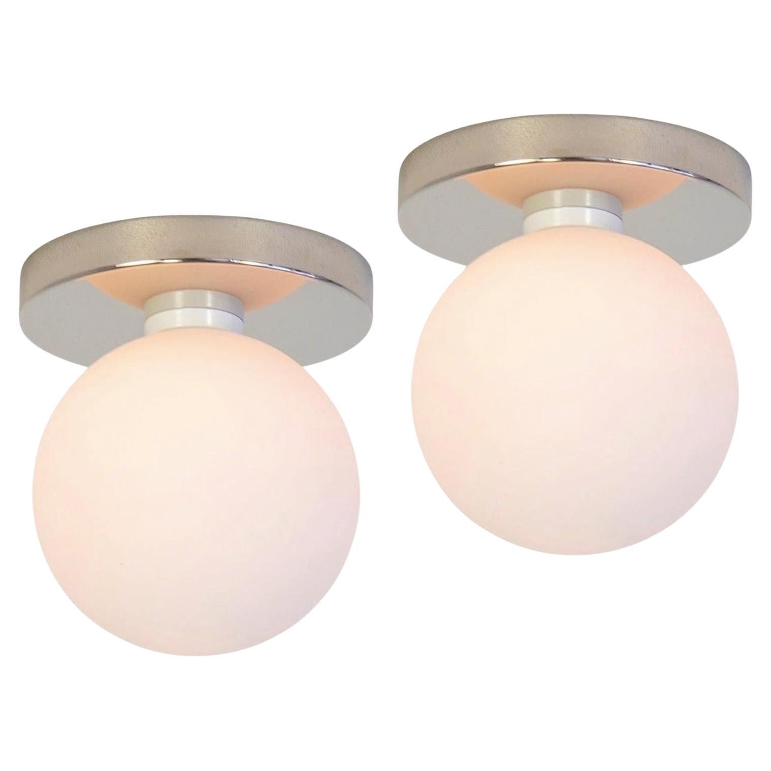 Pair of Globe Flush Mounts, Research.Lighting, Nickel, 5in Glass, Made to Order