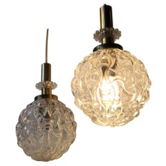Vintage Pair of Globe Pendant Lights in Pressed Glass and Brass, Germany, 1960s