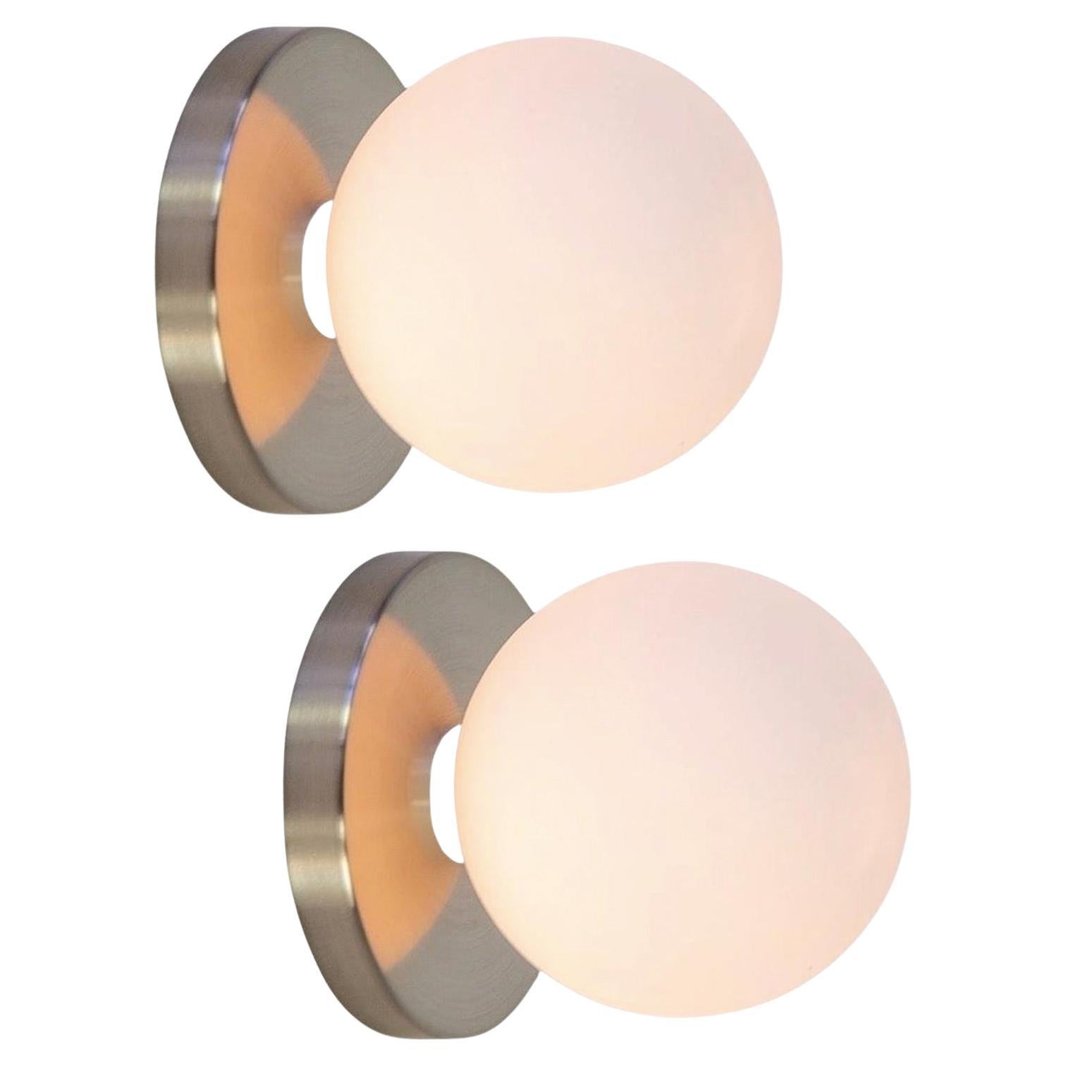 Pair of Globe Sconces by Research.Lighting, Brushed Nickel, 5in Glass, MTO For Sale
