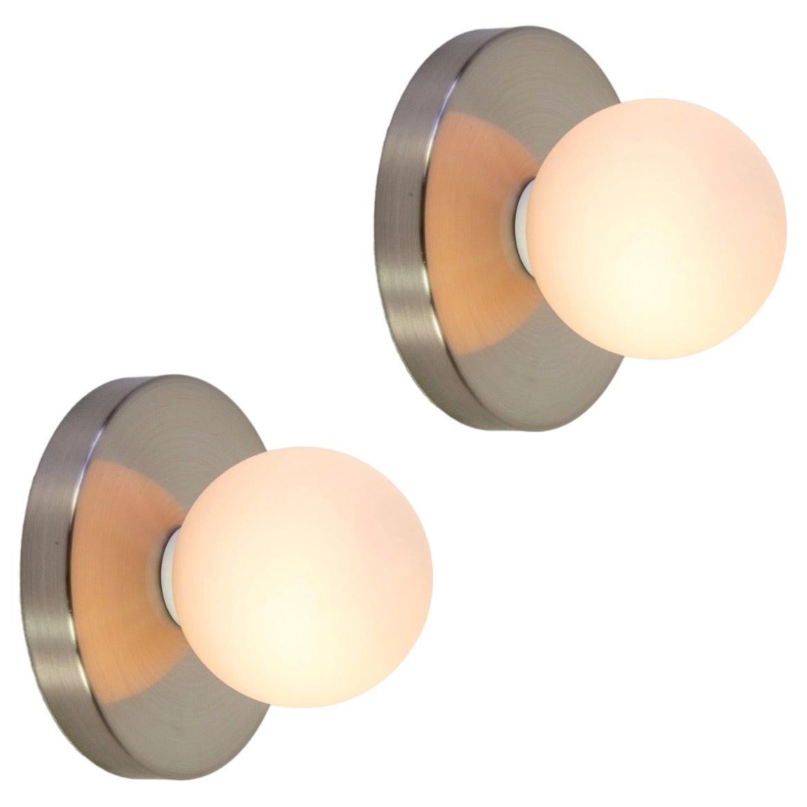 Pair of Globe Sconces by Research.Lighting, Brushed Nickel, In Stock For Sale