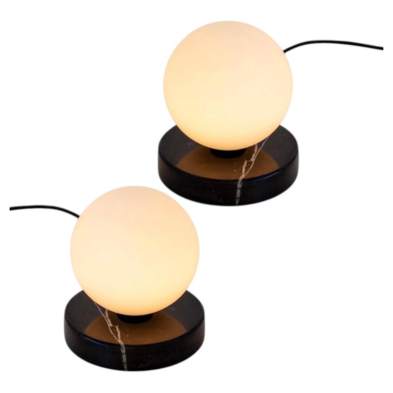 Pair of Globe Table Lamps, Research.Lighting, Small, 5in Glass, Black, Marble