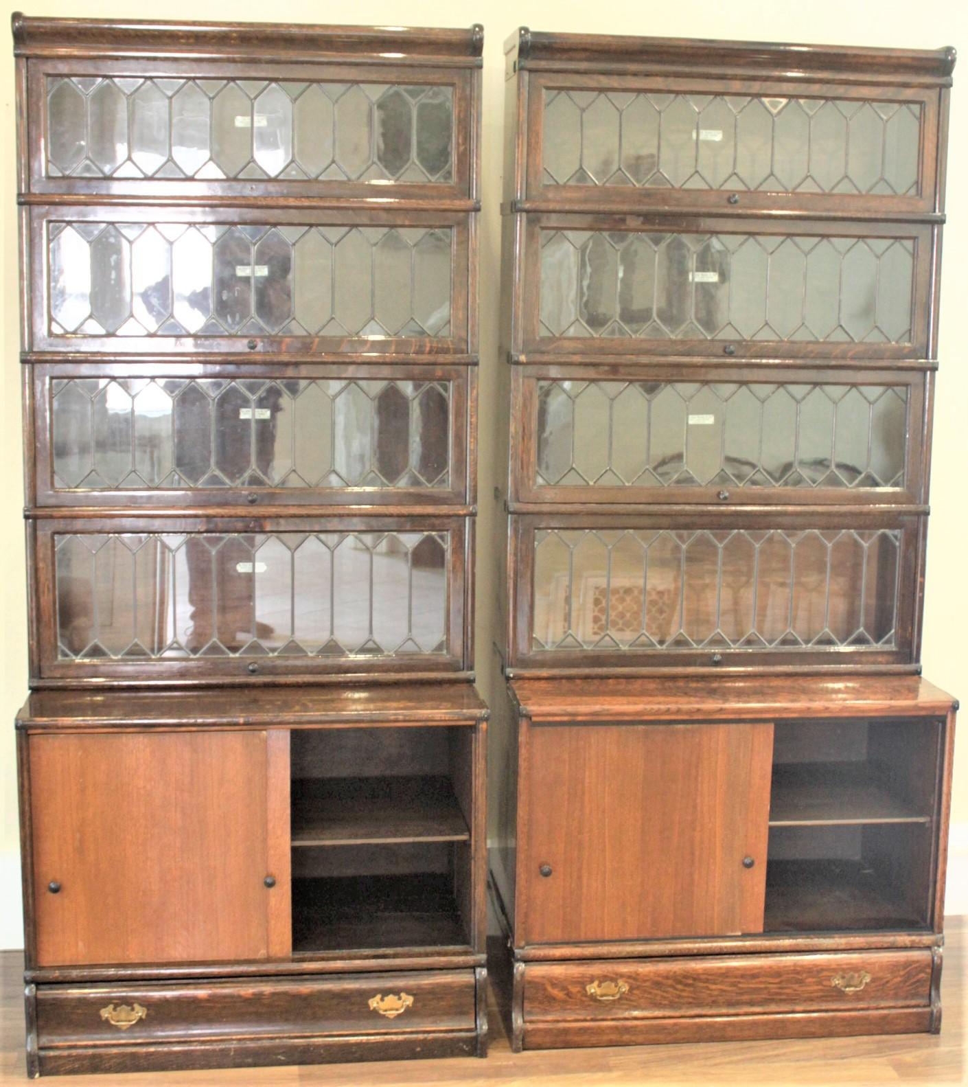 Hand-Crafted Pair of Globe-Wernicke Oak Stacking Barrister's Bookcases with Leaded Glass For Sale