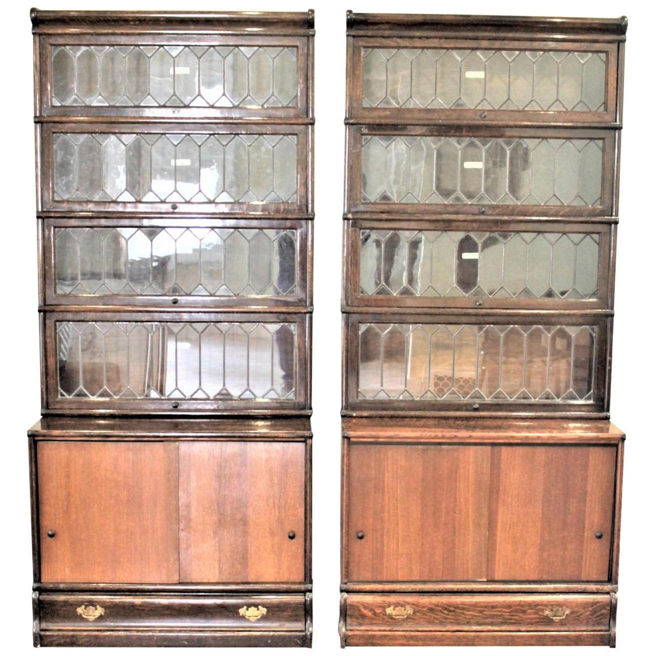 Pair of Globe-Wernicke Oak Stacking Barrister's Bookcases with Leaded Glass For Sale