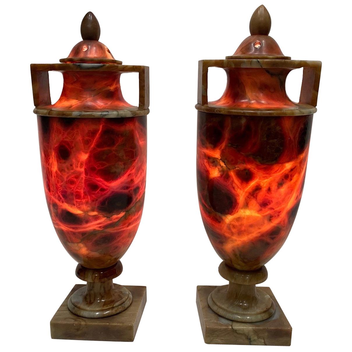 Pair of Glorious Illuminated Italian Alabaster Urn Table Lamps