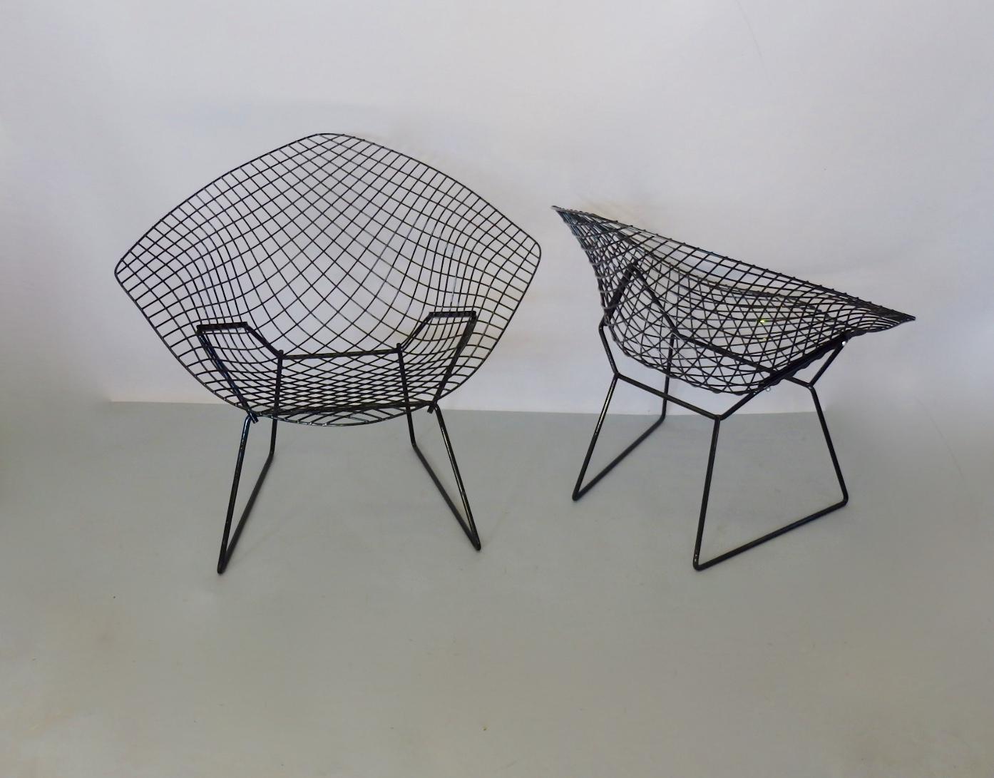 Welded Pair of Gloss Black Harry Bertoia for Knoll Diamond Chairs
