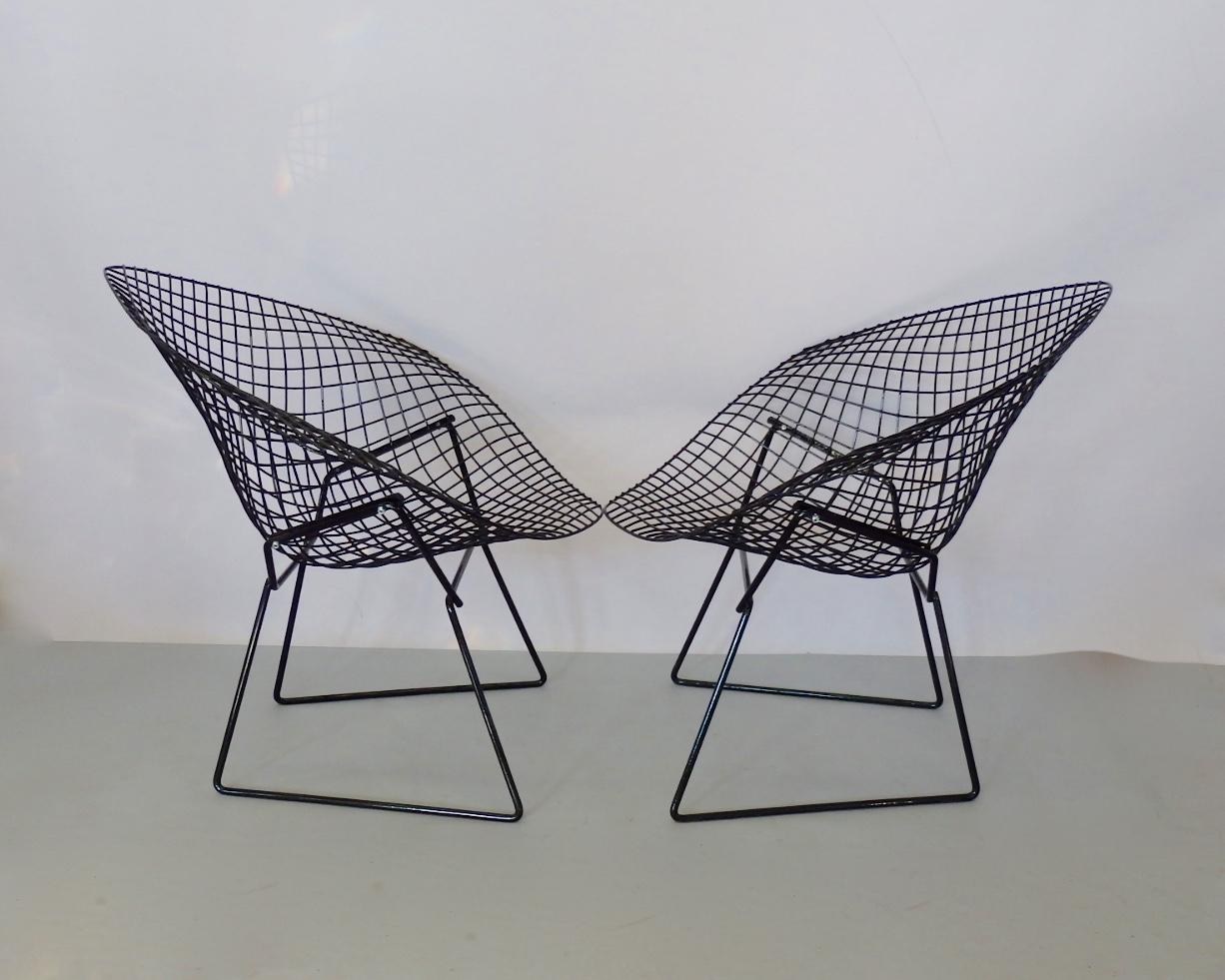 Wrought Iron Pair of Gloss Black Harry Bertoia for Knoll Diamond Chairs